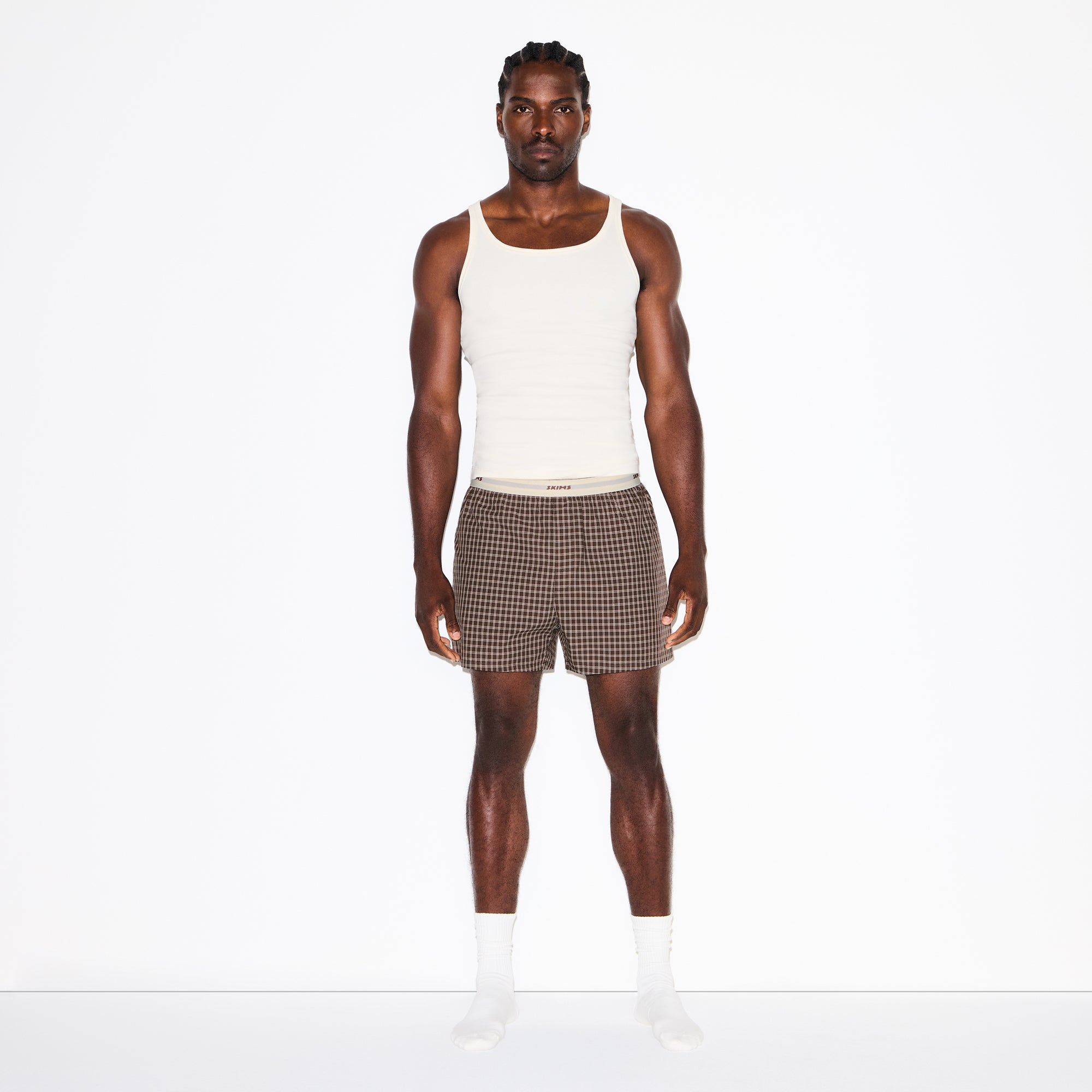 COTTON POPLIN MENS LOGO BAND BOXER | ESPRESSO CHECK