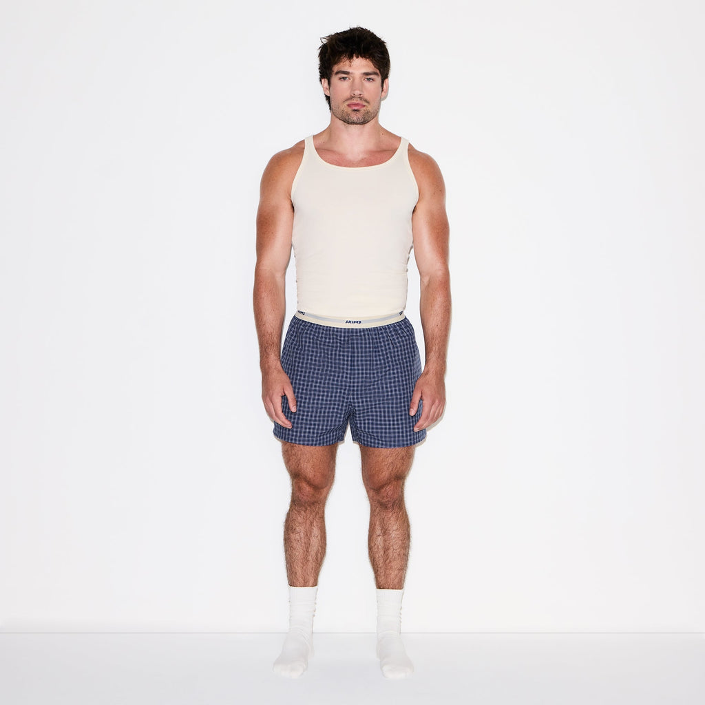 COTTON POPLIN MENS LOGO BAND BOXER | NAVY CHECK