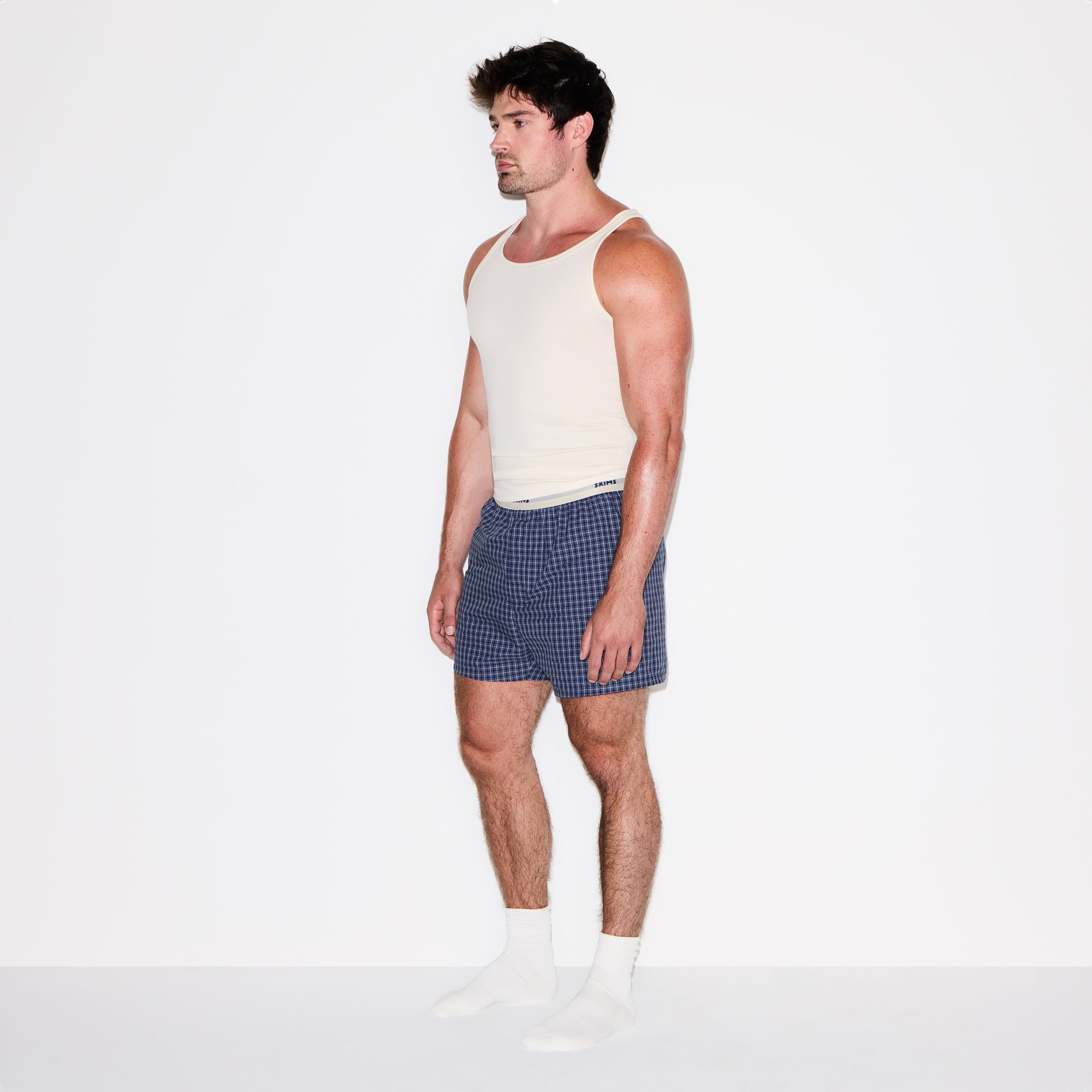 COTTON POPLIN MENS LOGO BAND BOXER | NAVY CHECK