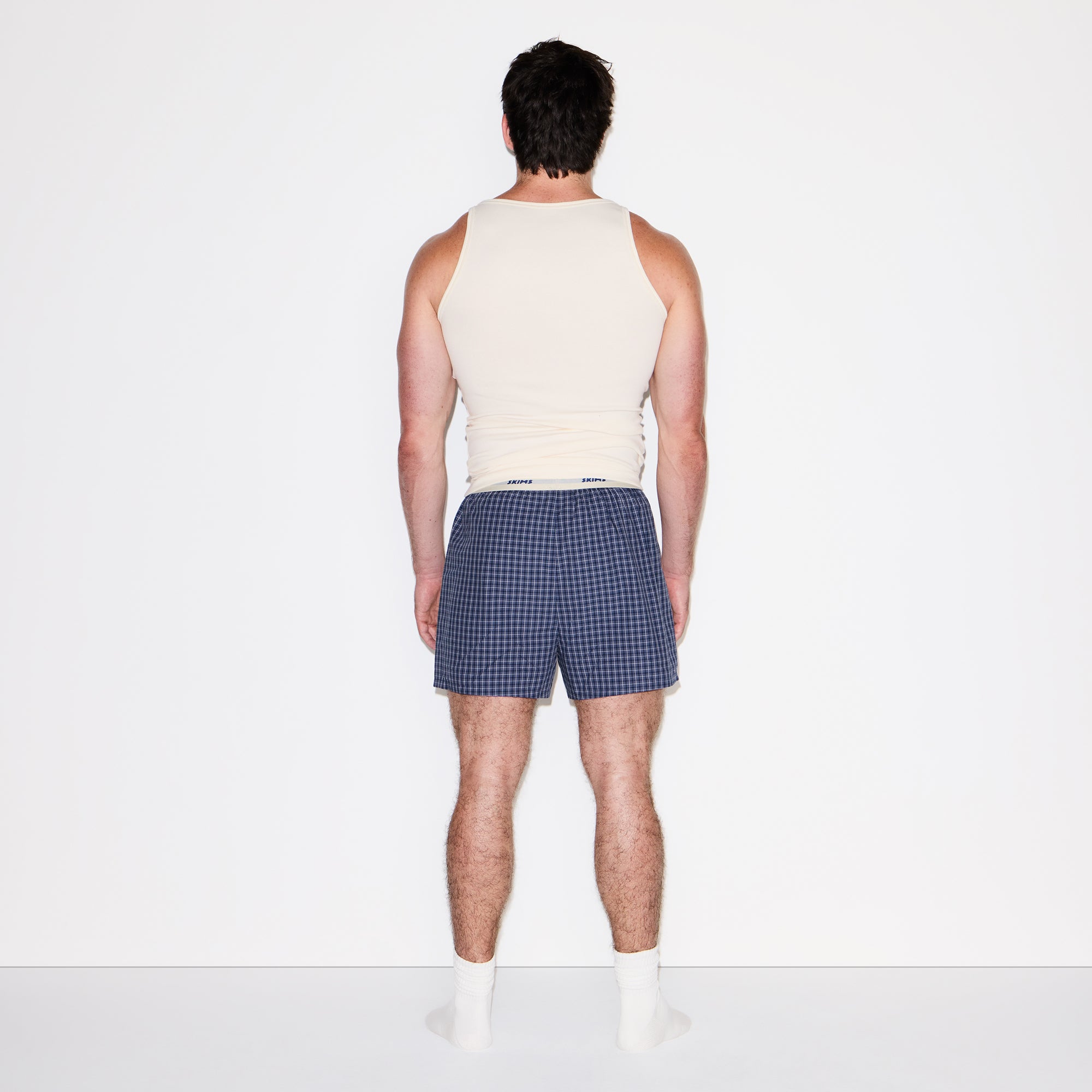 COTTON POPLIN MENS LOGO BAND BOXER | NAVY CHECK