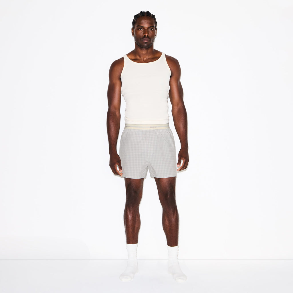 COTTON POPLIN MENS LOGO BAND BOXER | SILVER CHECK