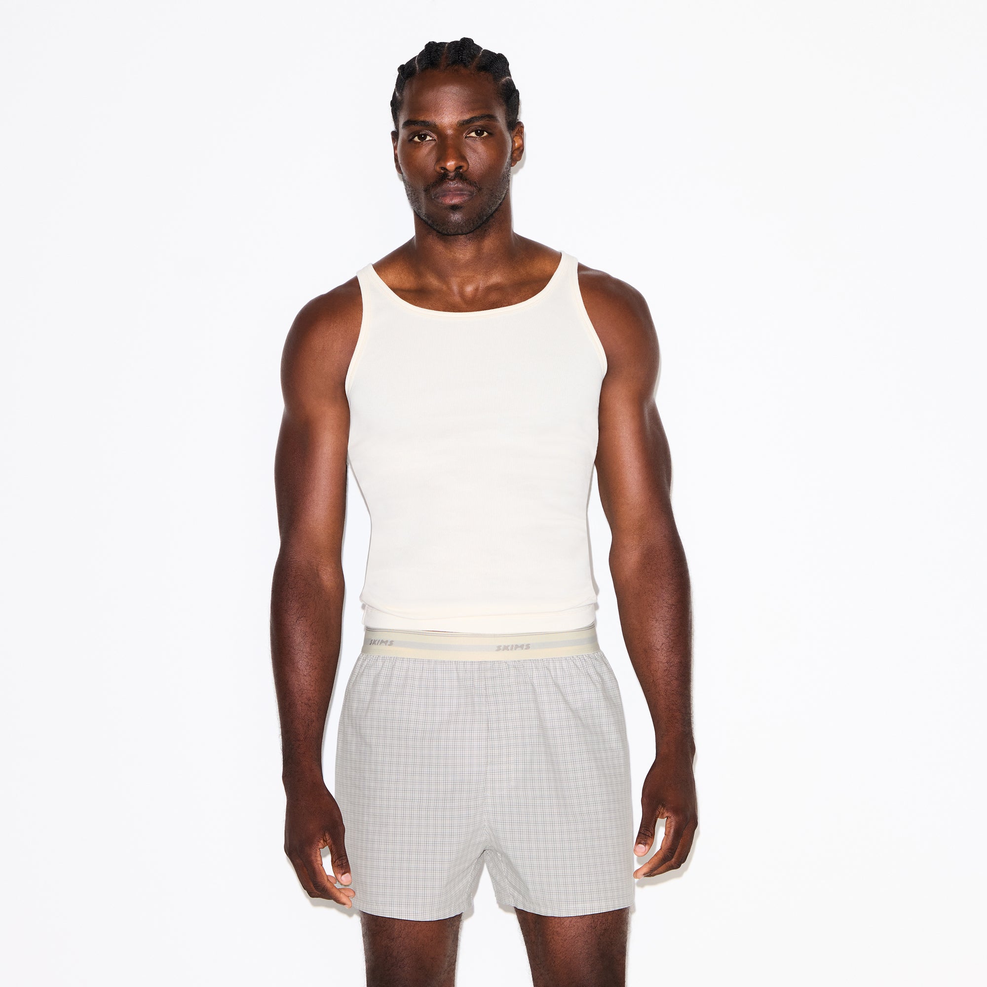 COTTON POPLIN MENS LOGO BAND BOXER | SILVER CHECK