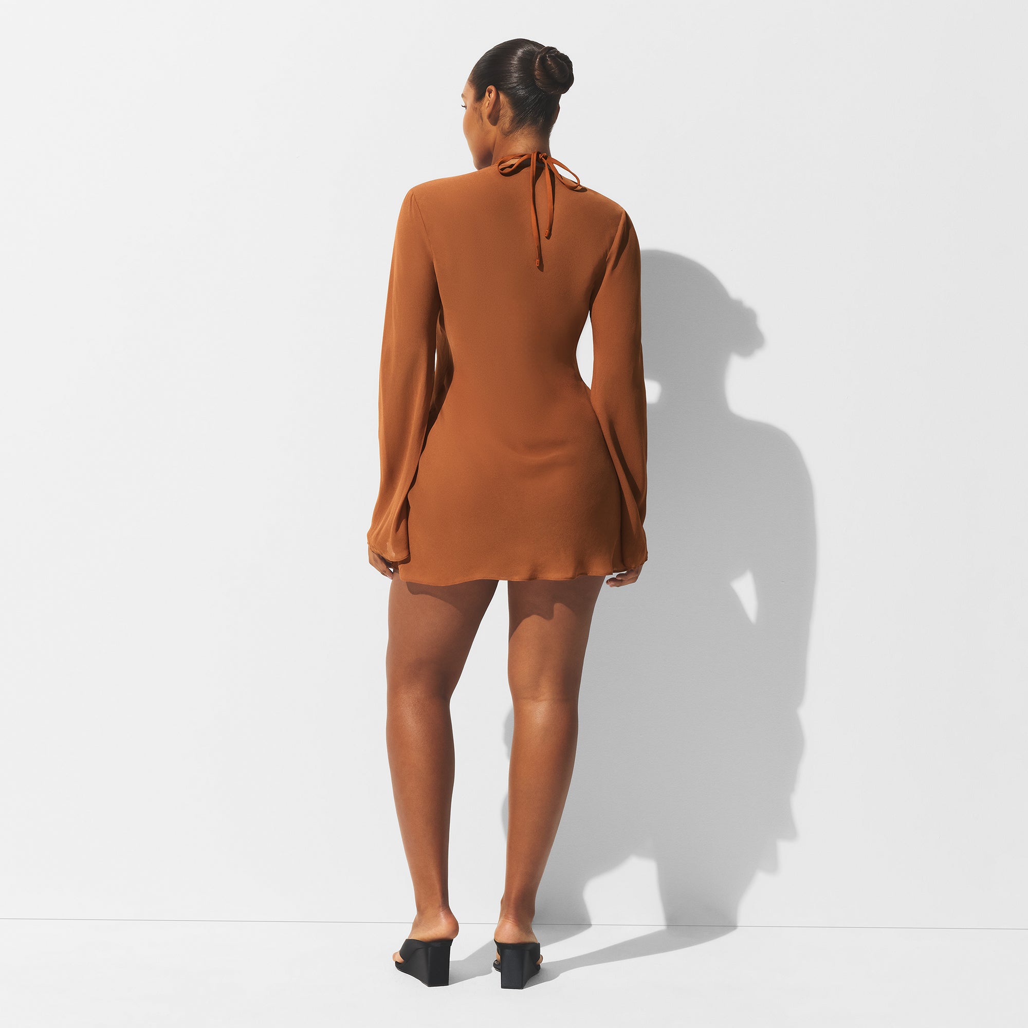 SHEER COVER-UPS LONG SLEEVE MINI DRESS | CHESTNUT