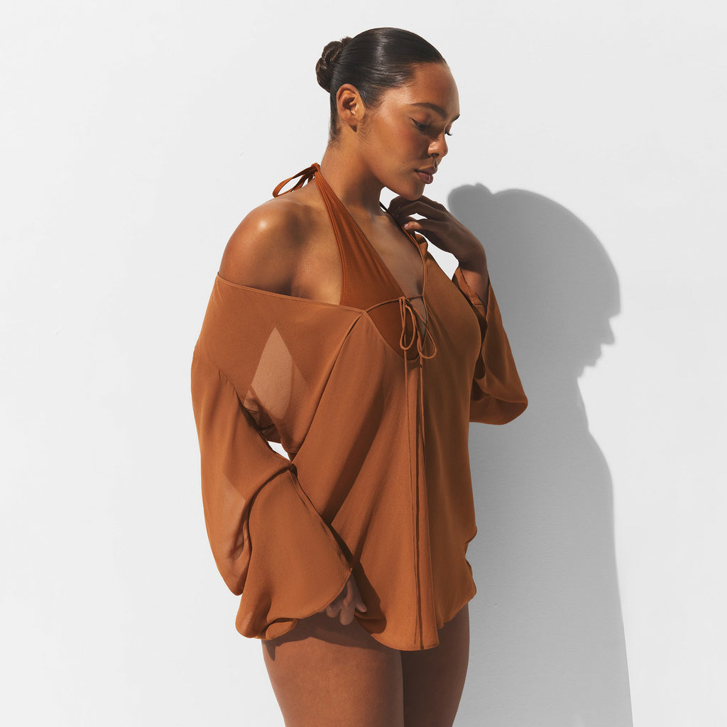 SHEER COVER-UPS LONG SLEEVE MINI DRESS | CHESTNUT