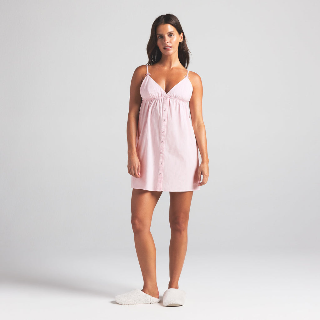 COTTON POPLIN SLEEP MINI DRESS | CHERRY BLOSSOM STRIPE