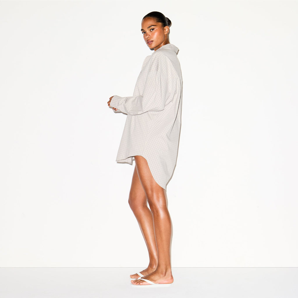 COTTON POPLIN SLEEP BUTTON UP DRESS | SILVER CHECK