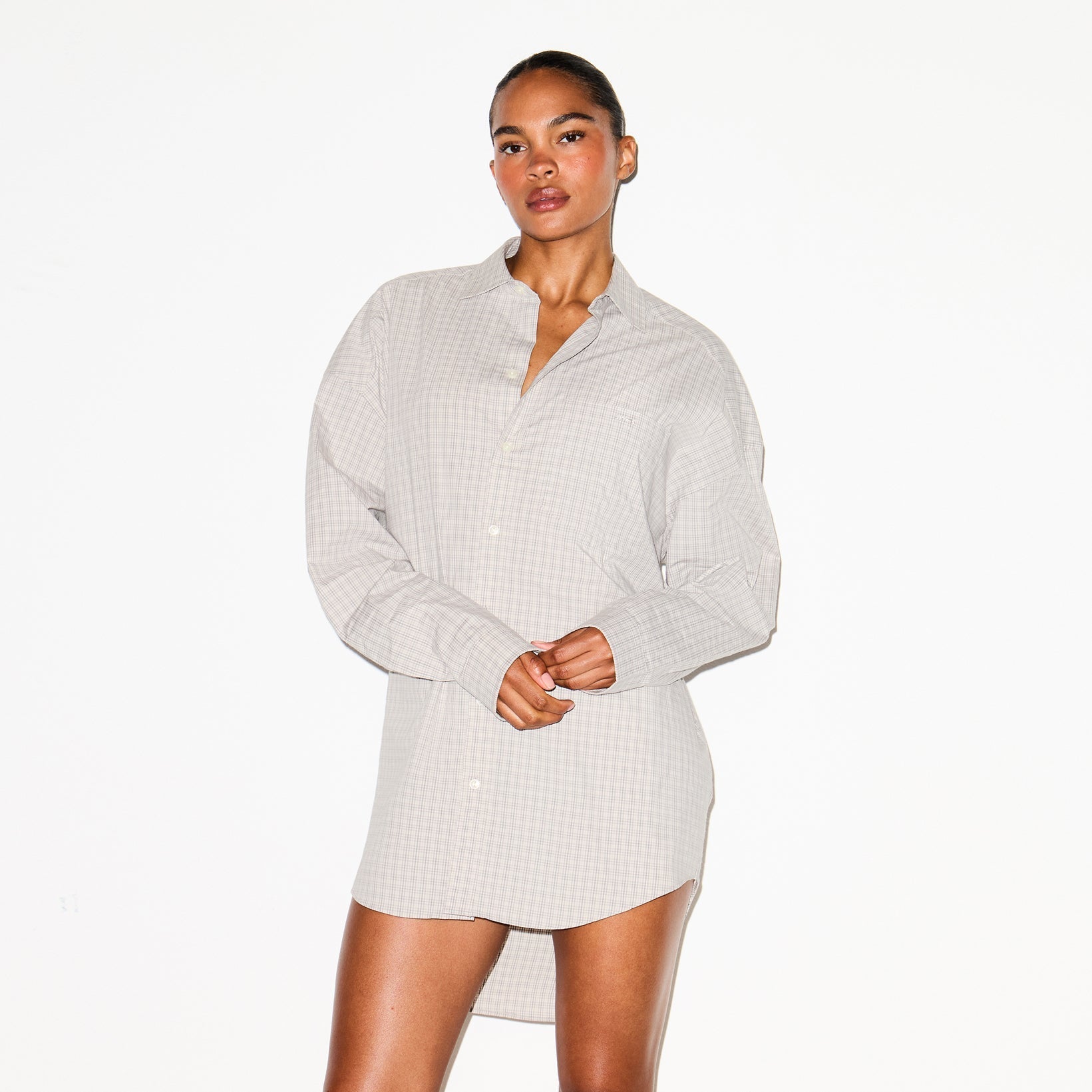 COTTON POPLIN SLEEP BUTTON UP DRESS | SILVER CHECK