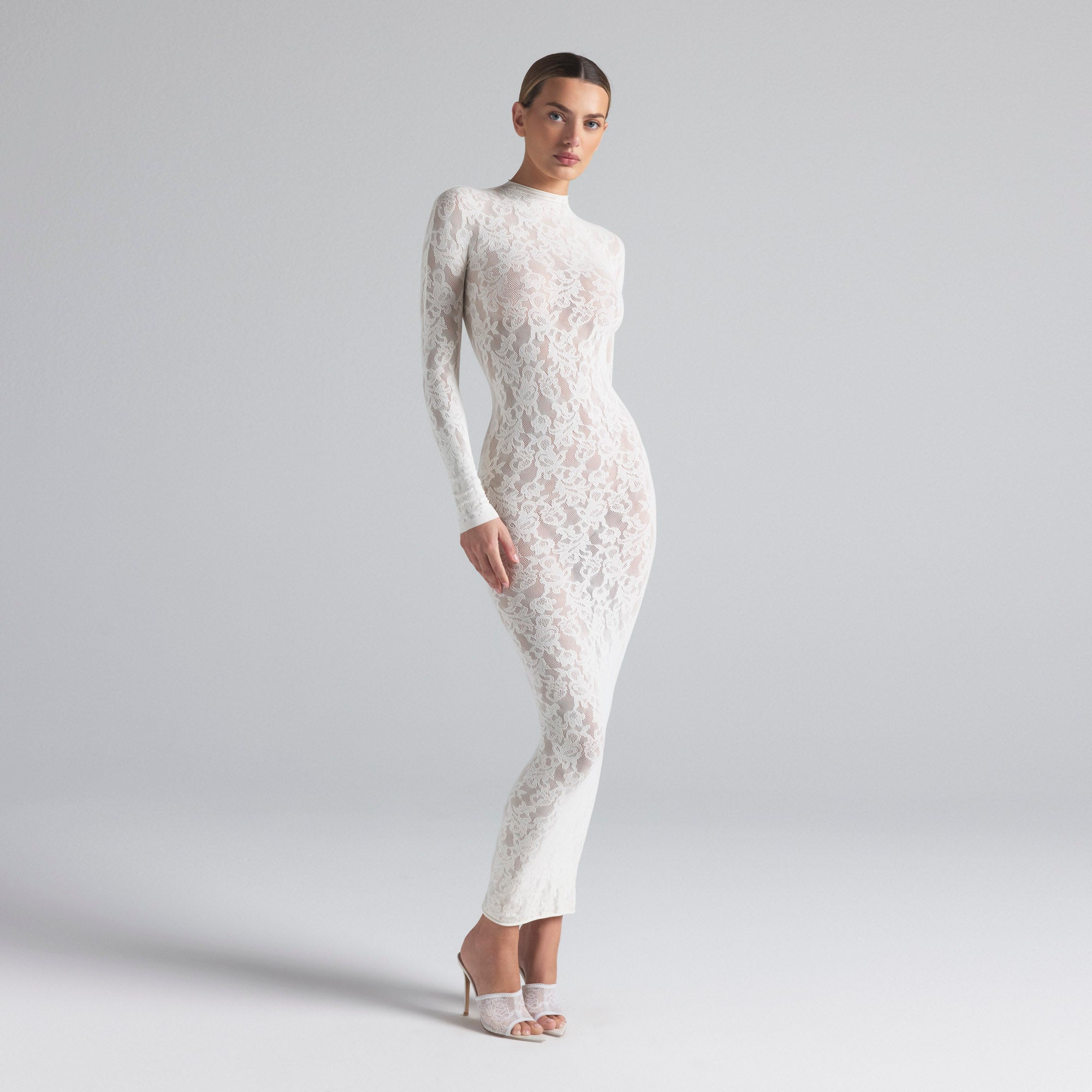 KNIT LACE MOCK NECK DRESS | IVORY