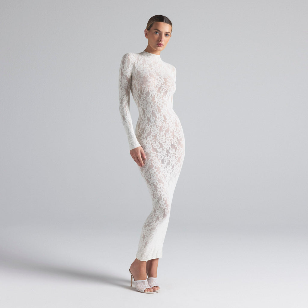 KNIT LACE MOCK NECK DRESS | IVORY