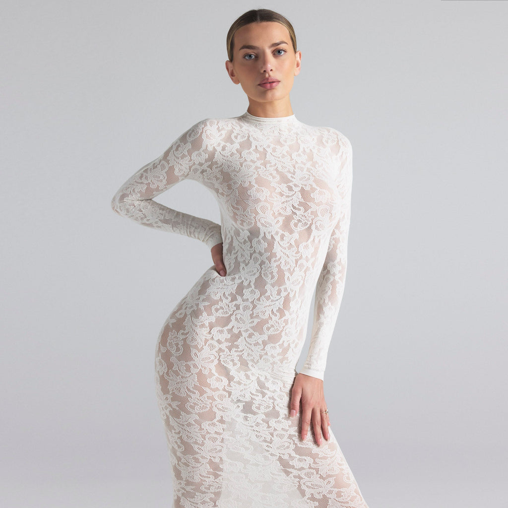 KNIT LACE MOCK NECK DRESS | IVORY