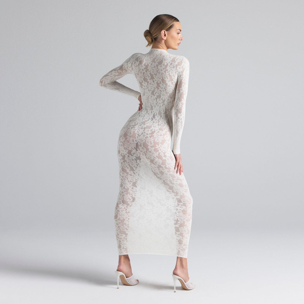 KNIT LACE MOCK NECK DRESS | IVORY