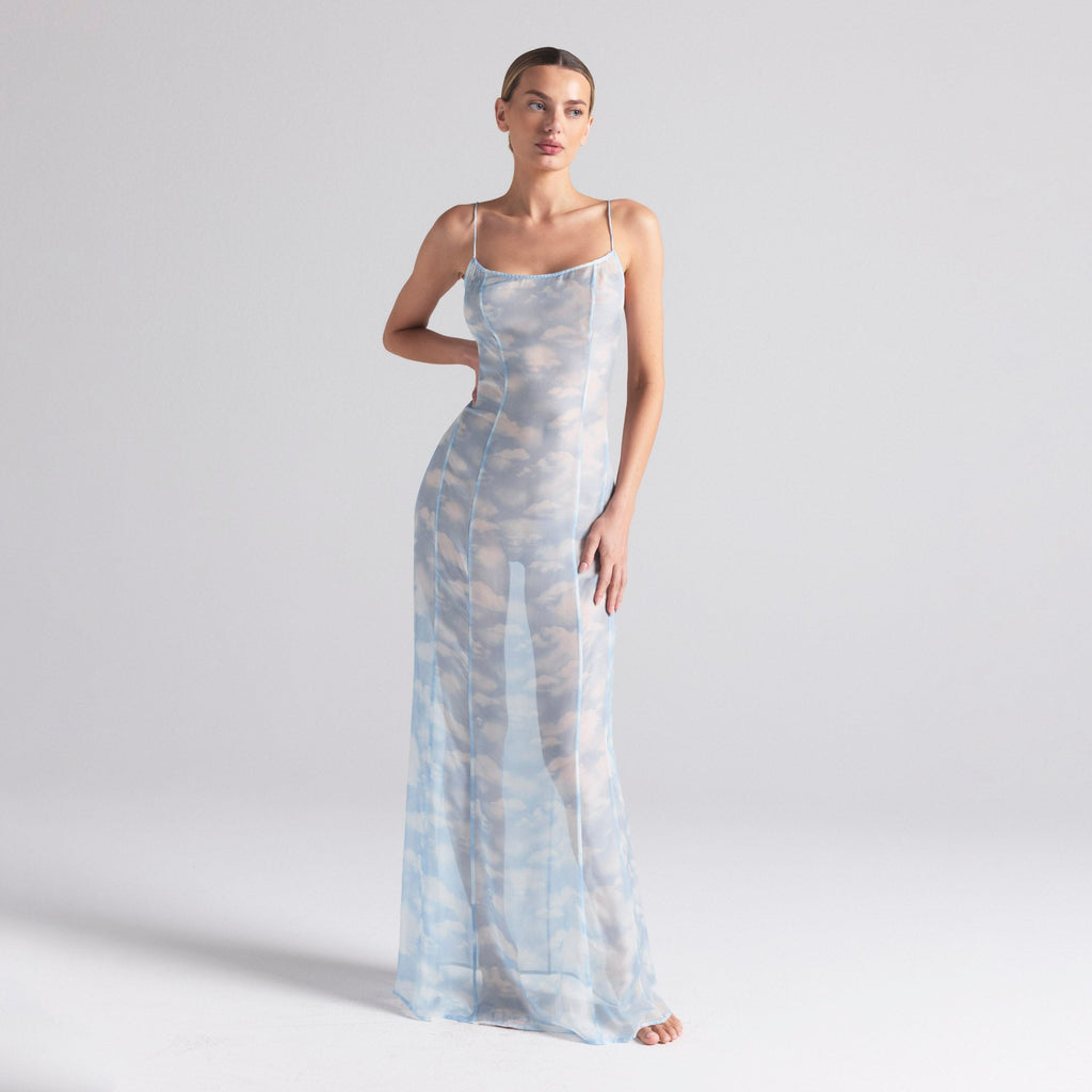 SKIMS ROMANCE LONG SLIP DRESS | BLUE QUARTZ CLOUD PRINT