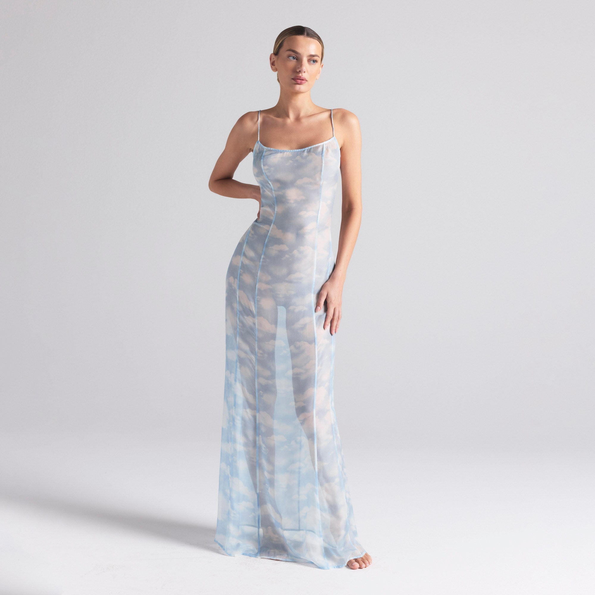 SKIMS ROMANCE LONG SLIP DRESS | BLUE QUARTZ CLOUD PRINT