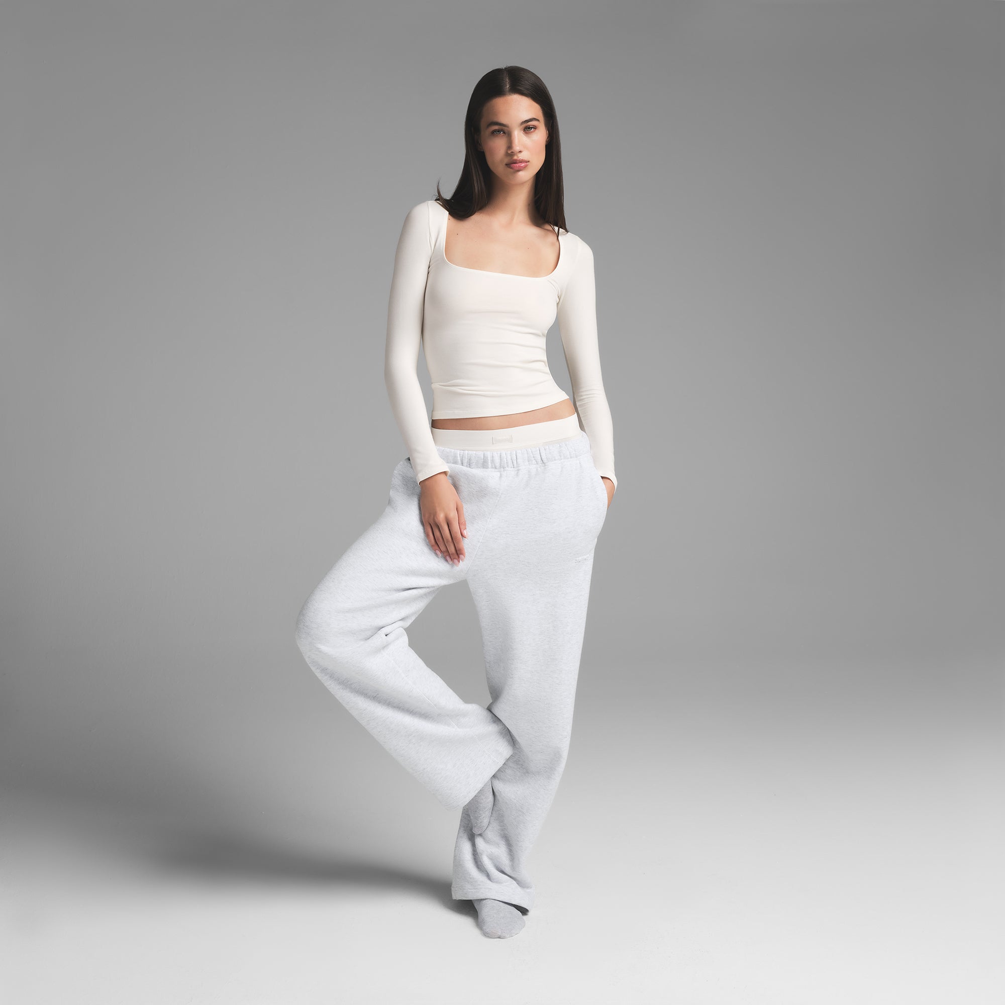 COTTON JERSEY SCOOP NECK LONG SLEEVE TOP | MARBLE