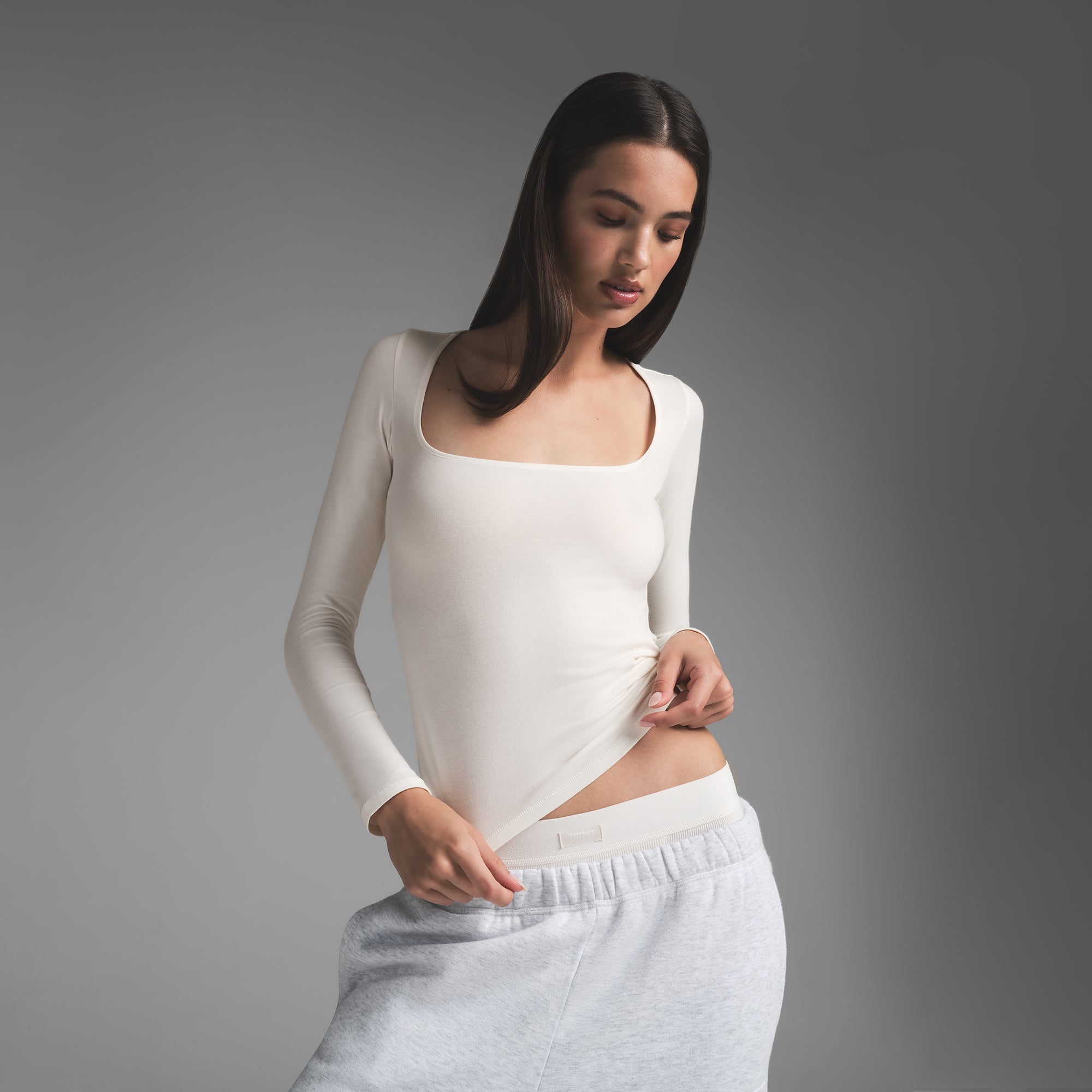 COTTON JERSEY SCOOP NECK LONG SLEEVE TOP | MARBLE