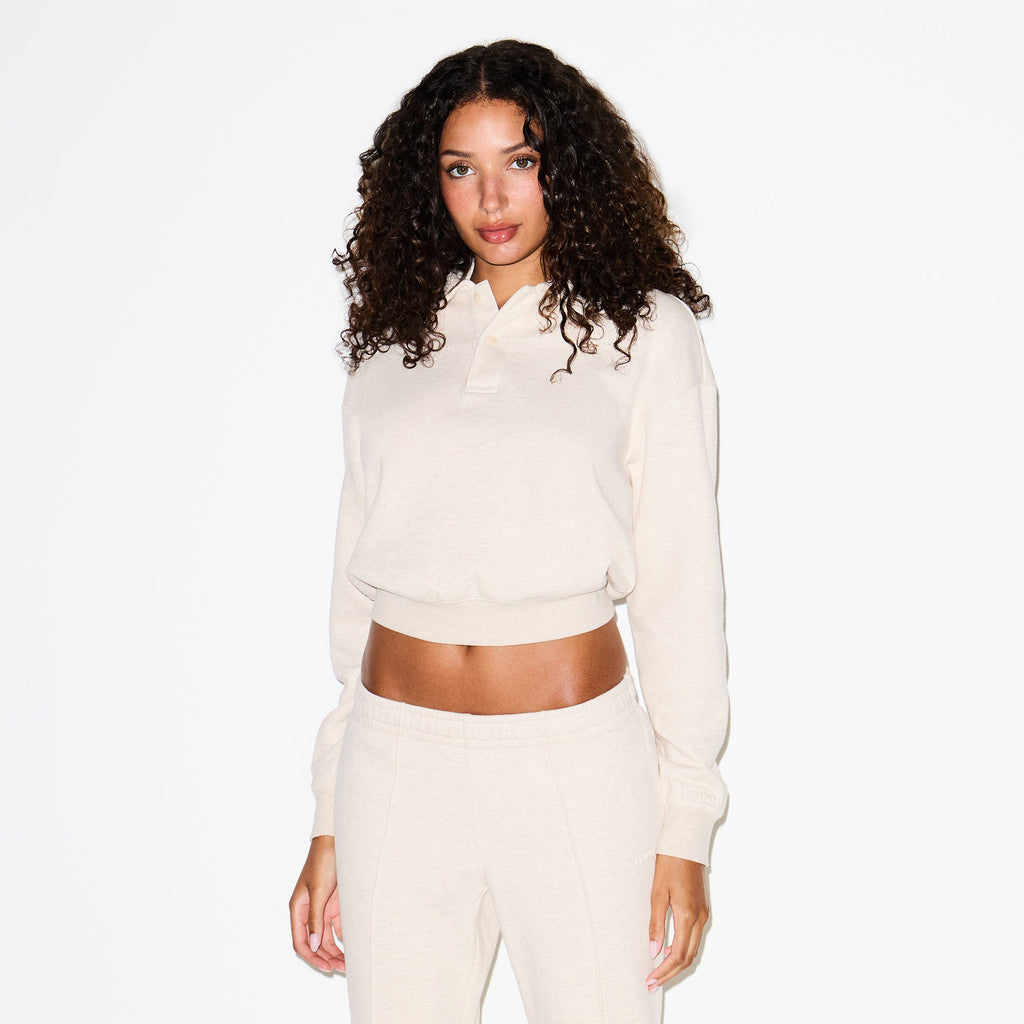 COTTON FLEECE POLO SWEATSHIRT | OATMEAL HEATHER