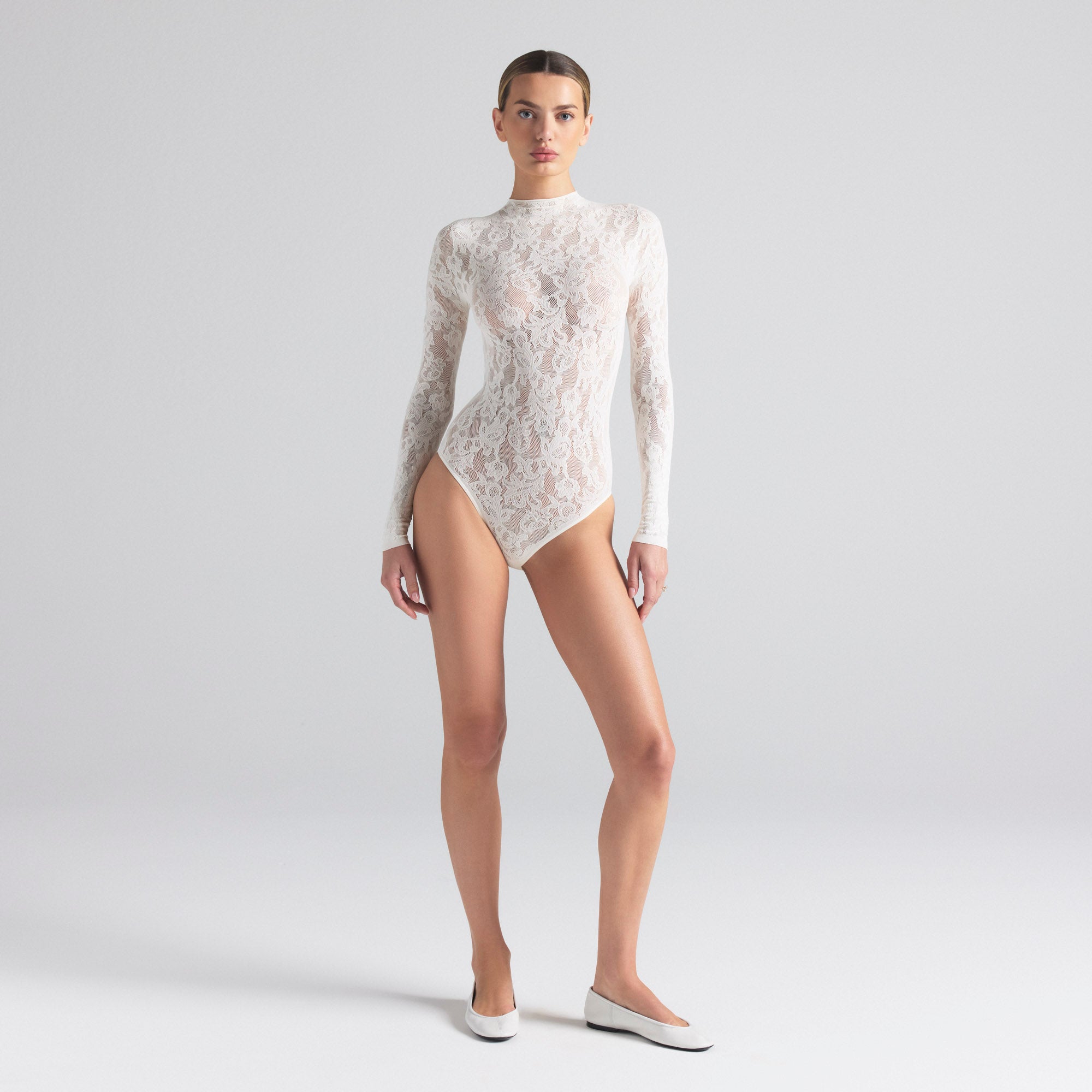 KNIT LACE MOCK NECK BODYSUIT | IVORY