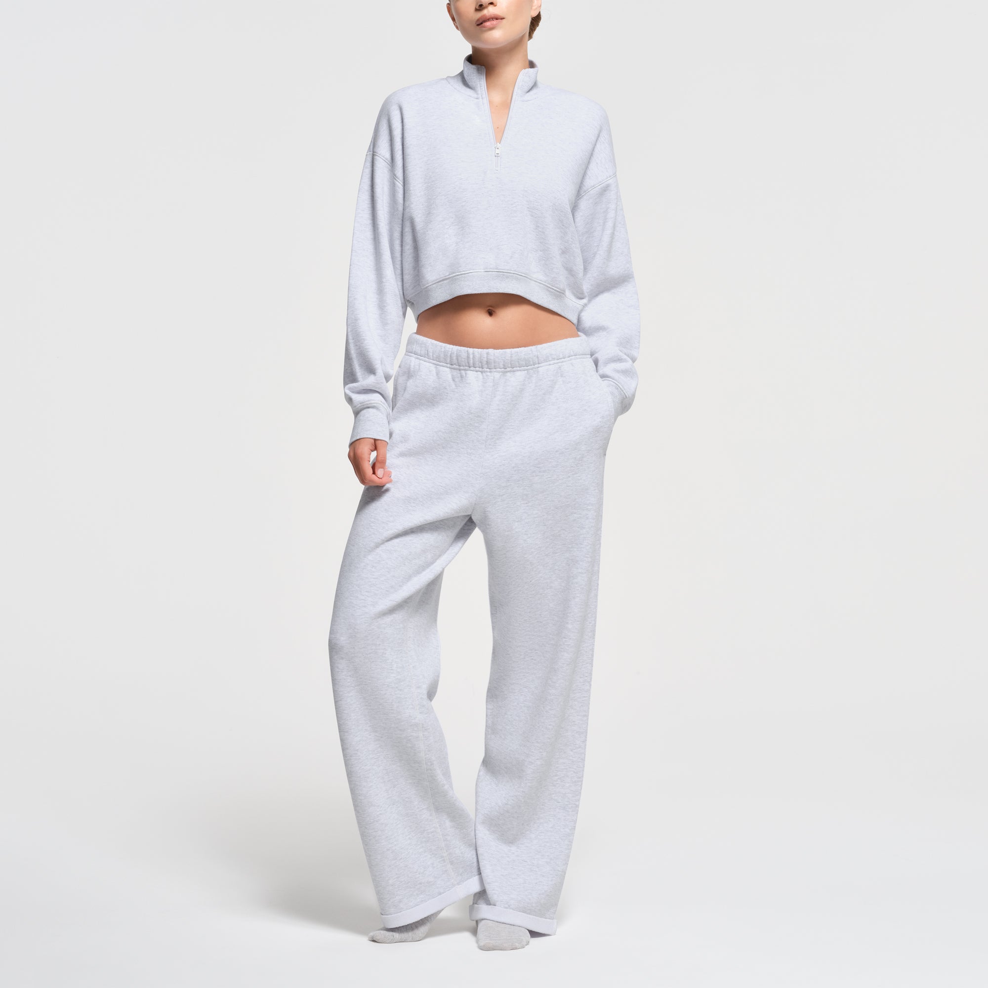 COTTON FLEECE CROPPED HALF ZIP PULLOVER | LIGHT HEATHER GREY