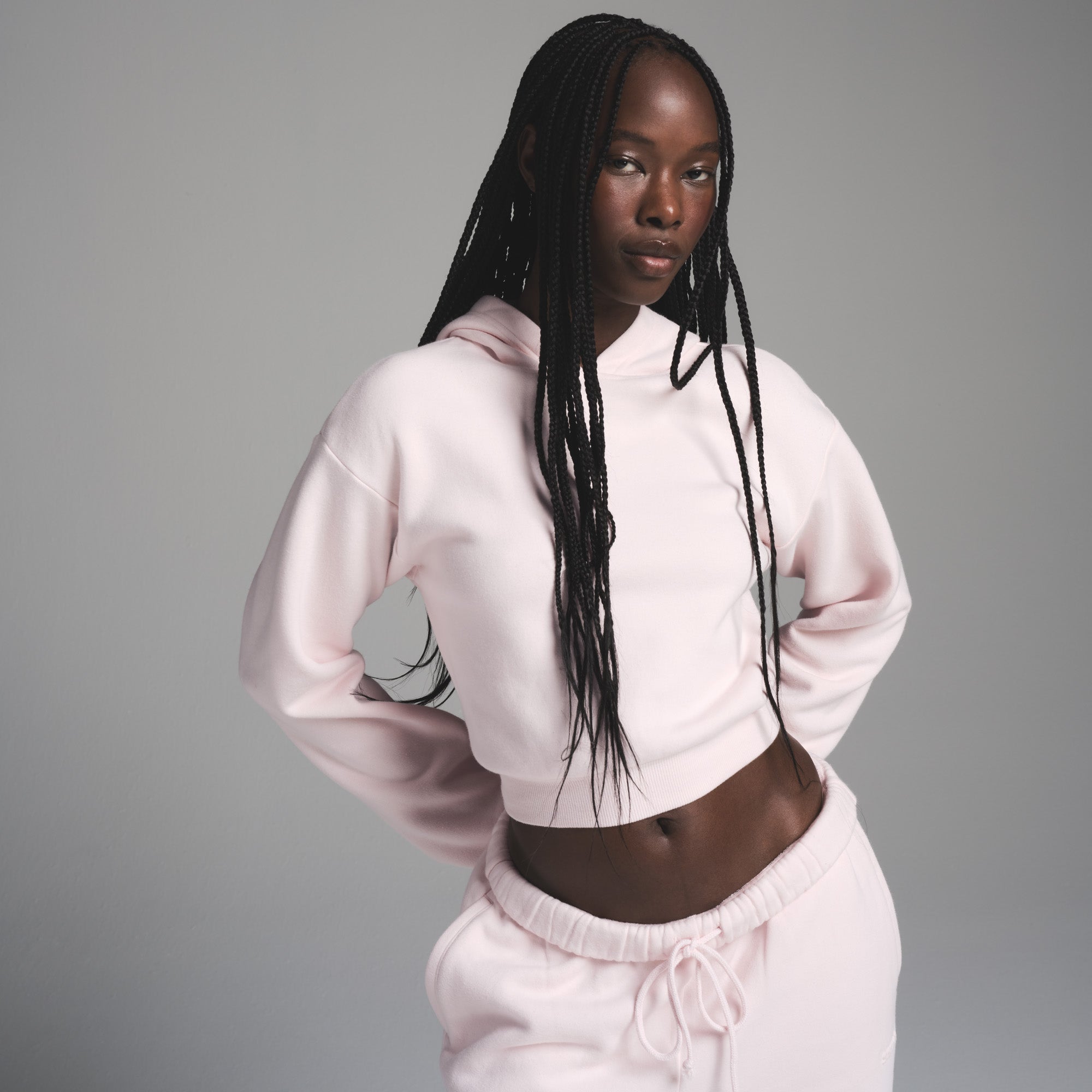 COTTON FLEECE SHRUNKEN HOODIE | BARELY PINK