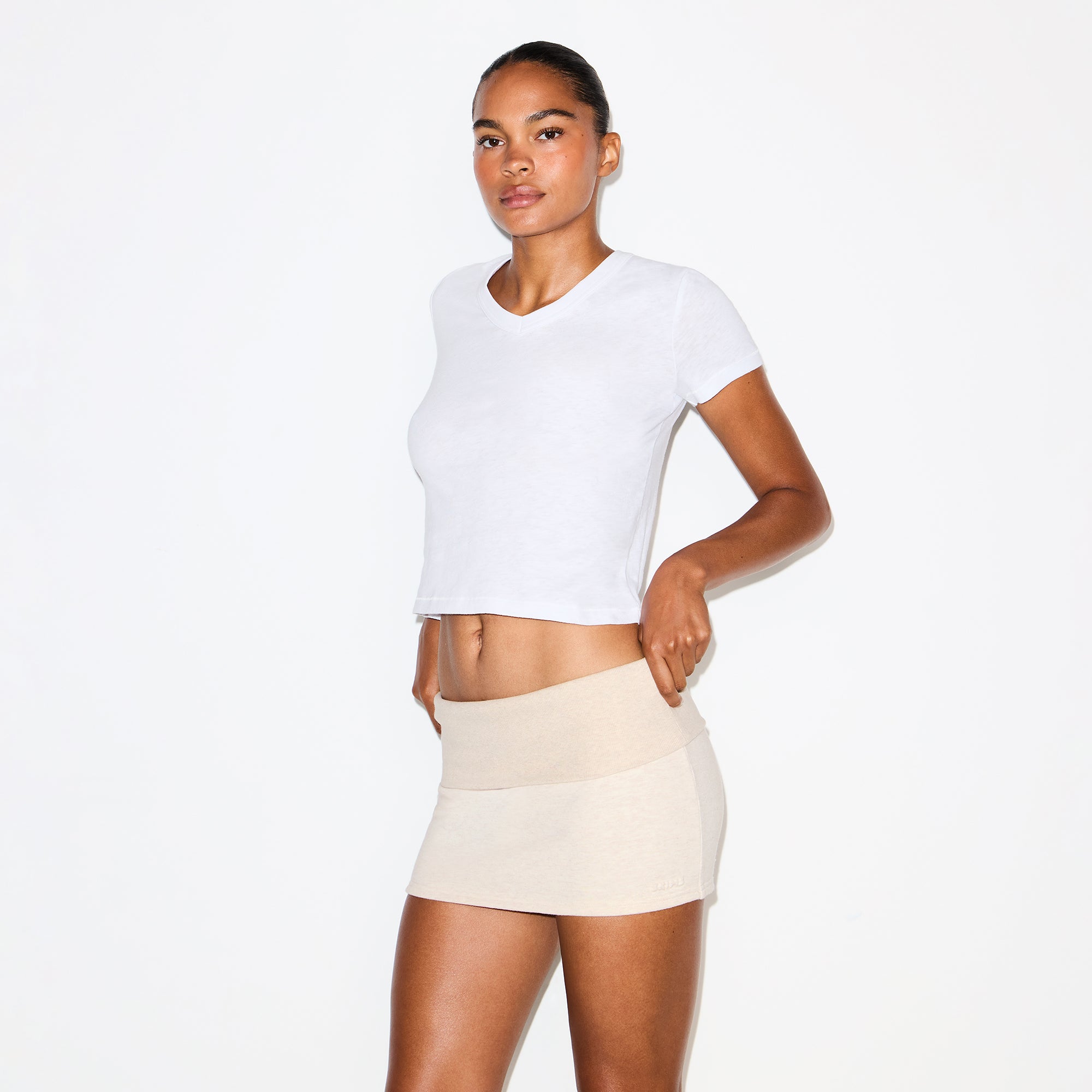 COTTON FLEECE FOLDOVER MINI SKIRT | OATMEAL HEATHER