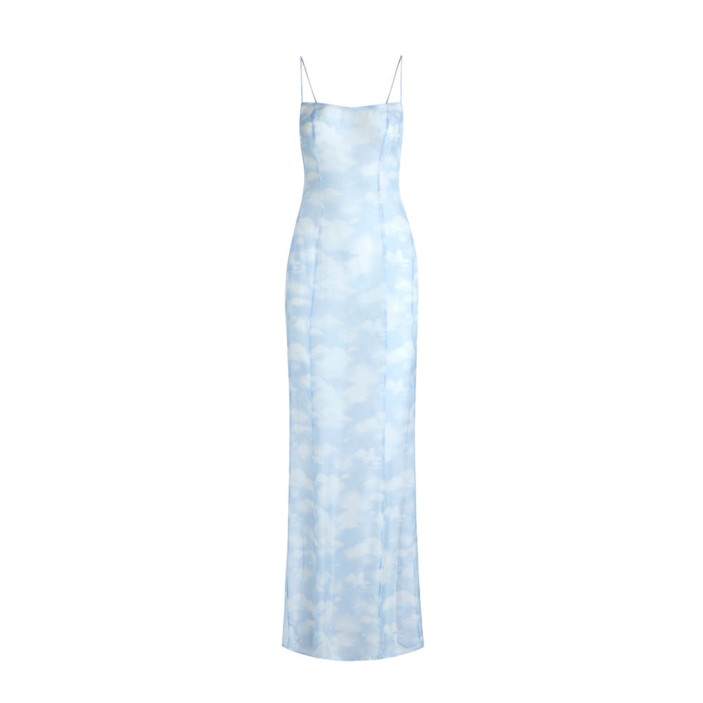 SKIMS ROMANCE LONG SLIP DRESS | BLUE QUARTZ CLOUD PRINT