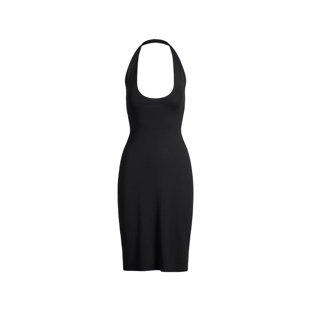 SMOOTH LAYERS PLUNGE HALTER MIDI DRESS | OBSIDIAN