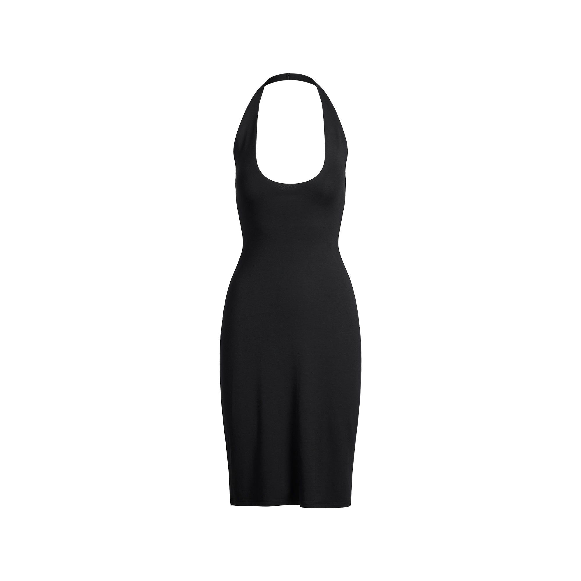 SMOOTH LAYERS PLUNGE HALTER MIDI DRESS | OBSIDIAN