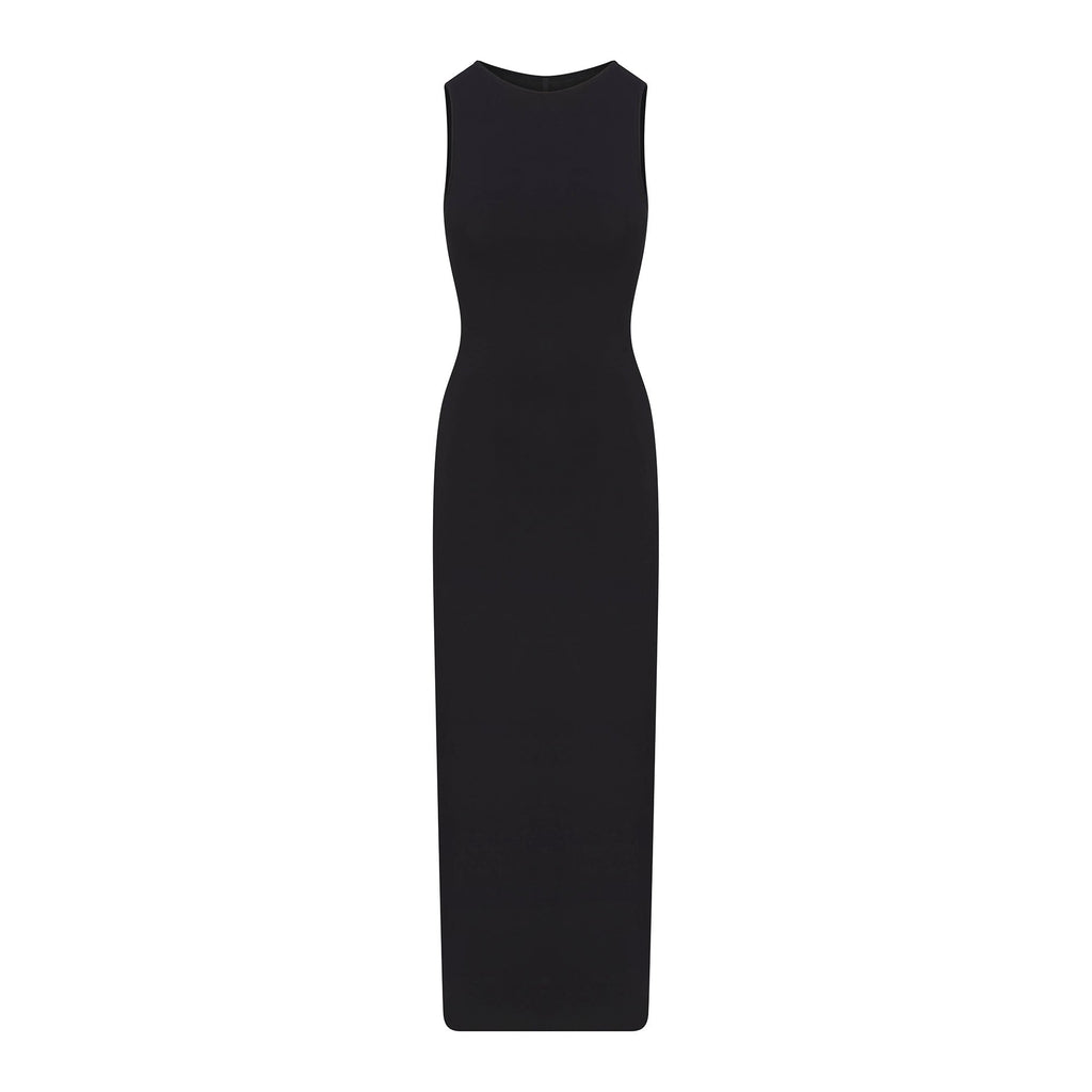 SMOOTH LAYERS LONG BOAT NECK DRESS | OBSIDIAN
