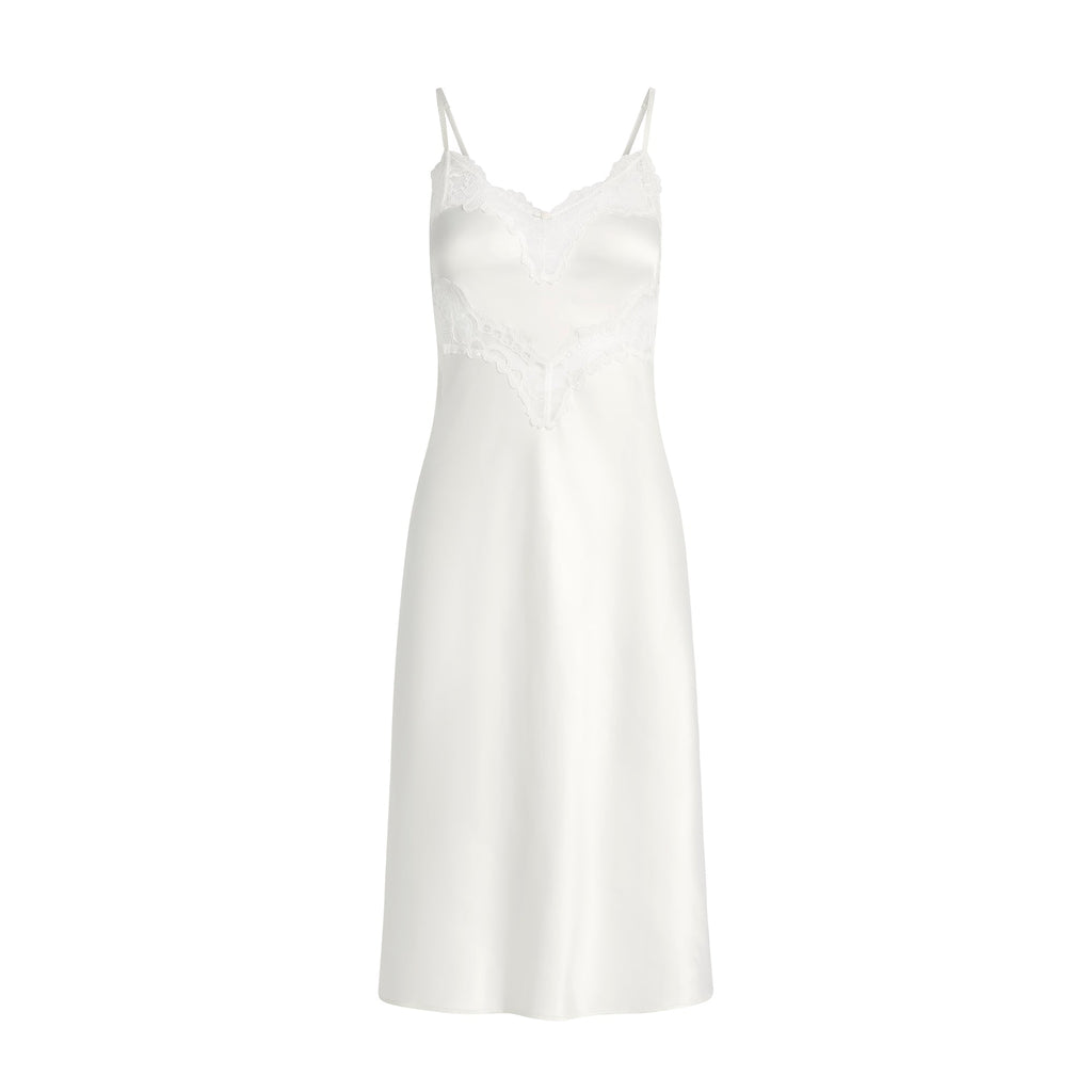 WOVEN SHINE LACE MIDI SLIP DRESS | IVORY