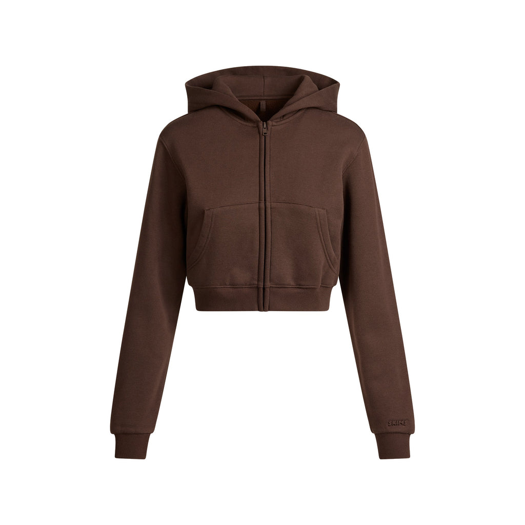 COTTON FLEECE CROPPED ZIP UP HOODIE | DARK SEPIA