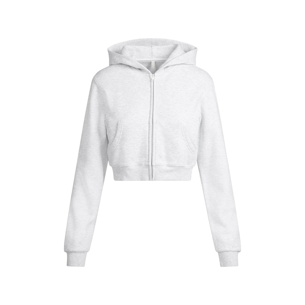 COTTON FLEECE CROPPED ZIP UP HOODIE | LIGHT HEATHER GREY