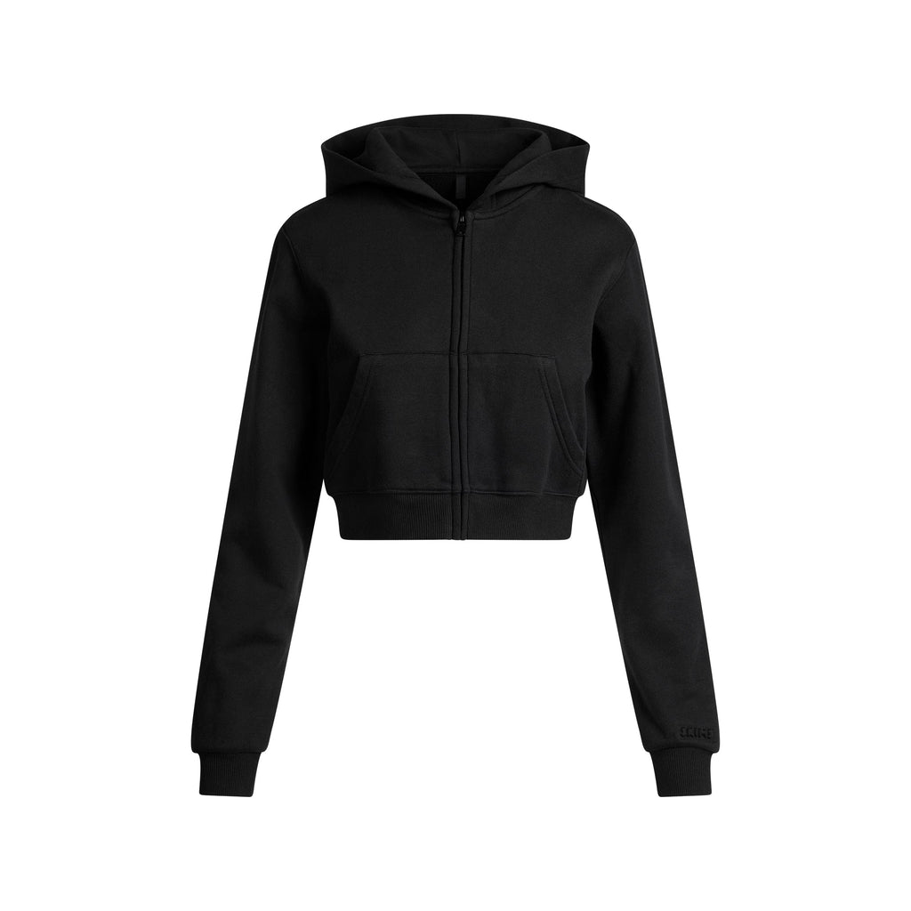 COTTON FLEECE CROPPED ZIP UP HOODIE | ONYX