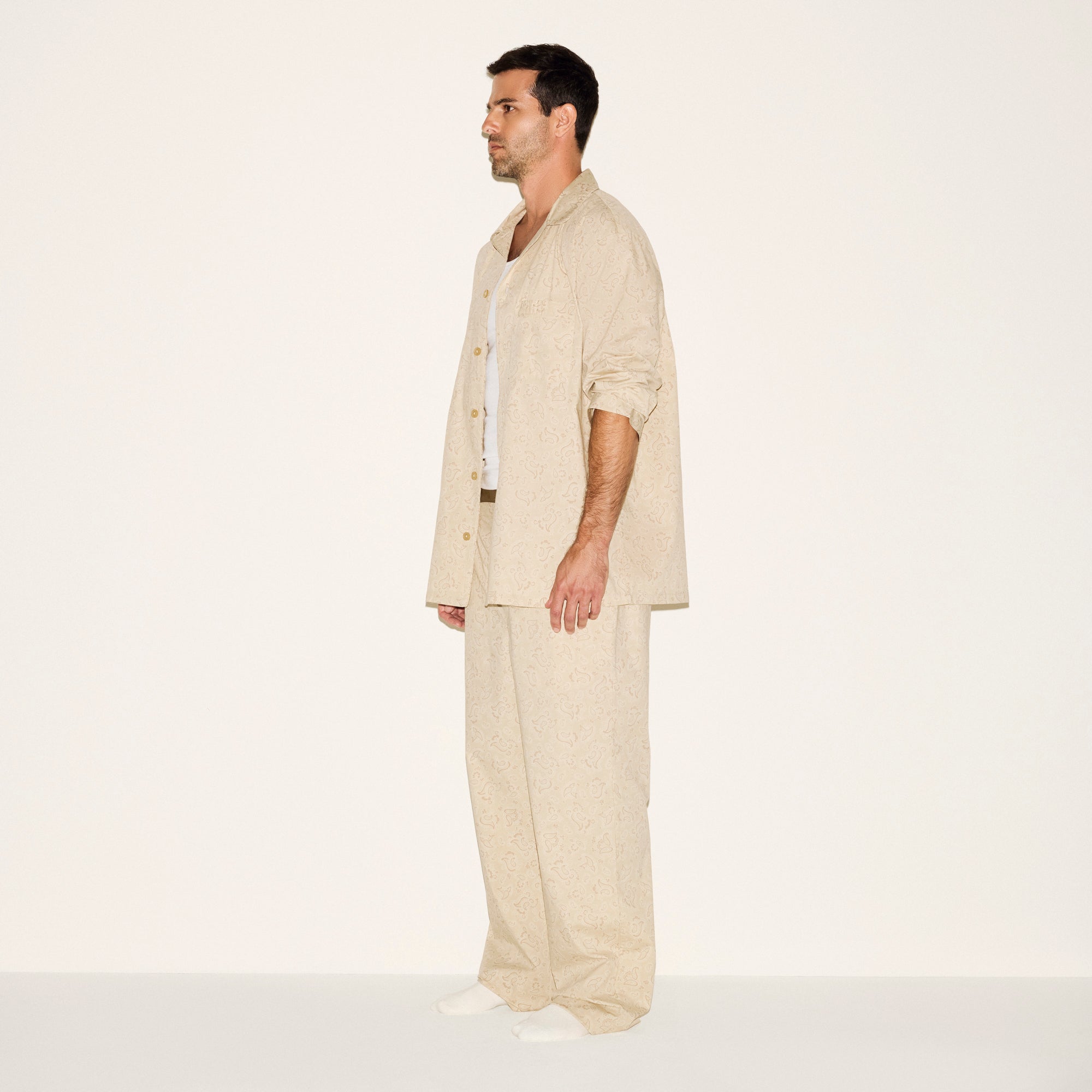 COTTON POPLIN MENS LONG SLEEP SET | TAN PAISLEY PRINT