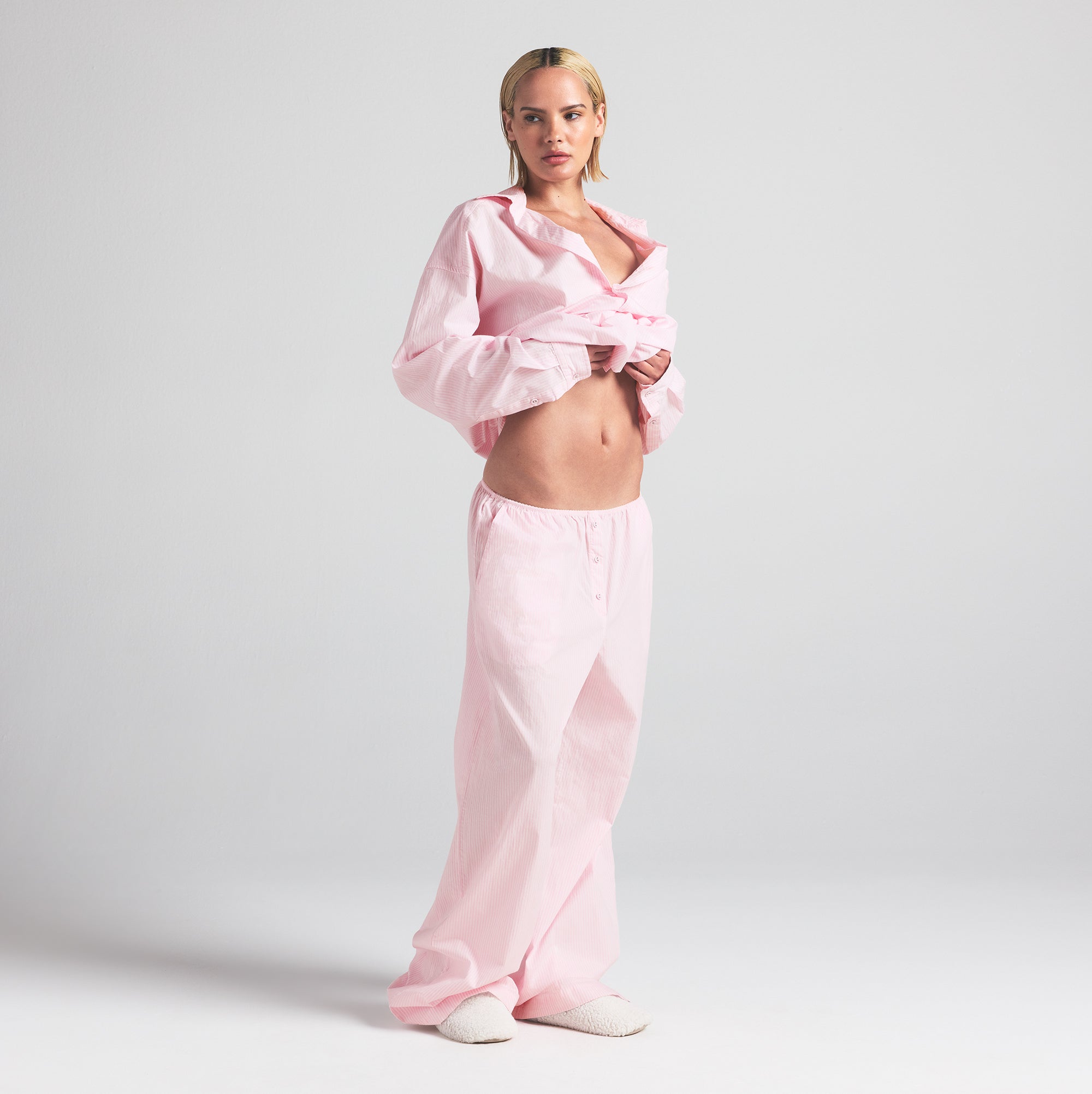 COTTON POPLIN OVERSIZED SLEEP SET | CHERRY BLOSSOM STRIPE