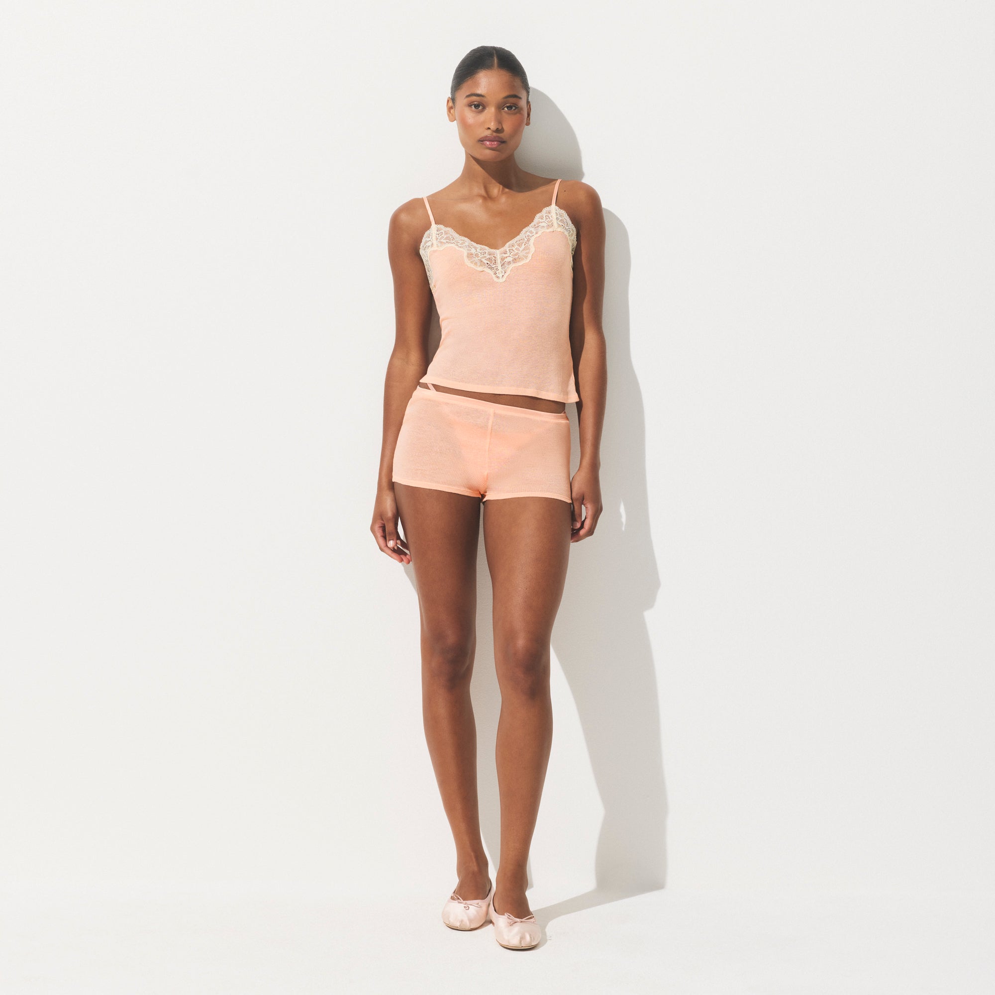 SHEER RIB LACE CAMI AND SHORT SET | VILLA