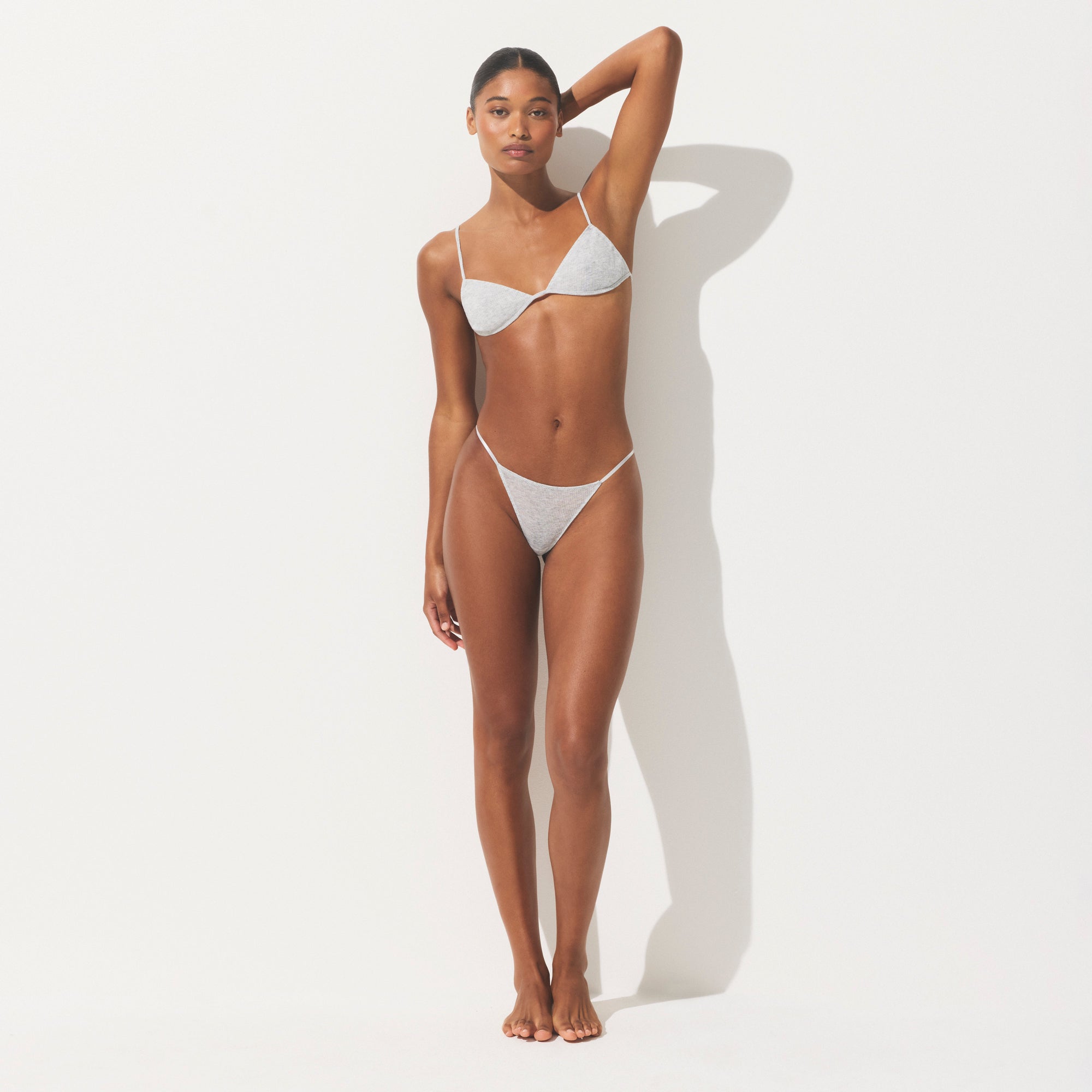 SHEER RIB STRING THONG | LIGHT HEATHER GREY