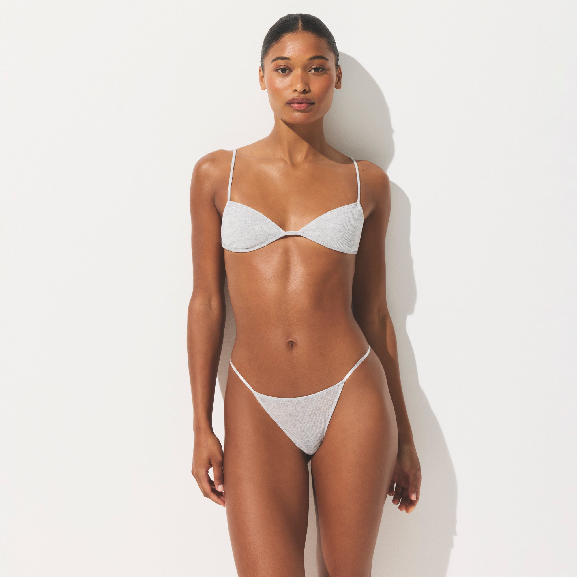 SHEER RIB STRING THONG | LIGHT HEATHER GREY