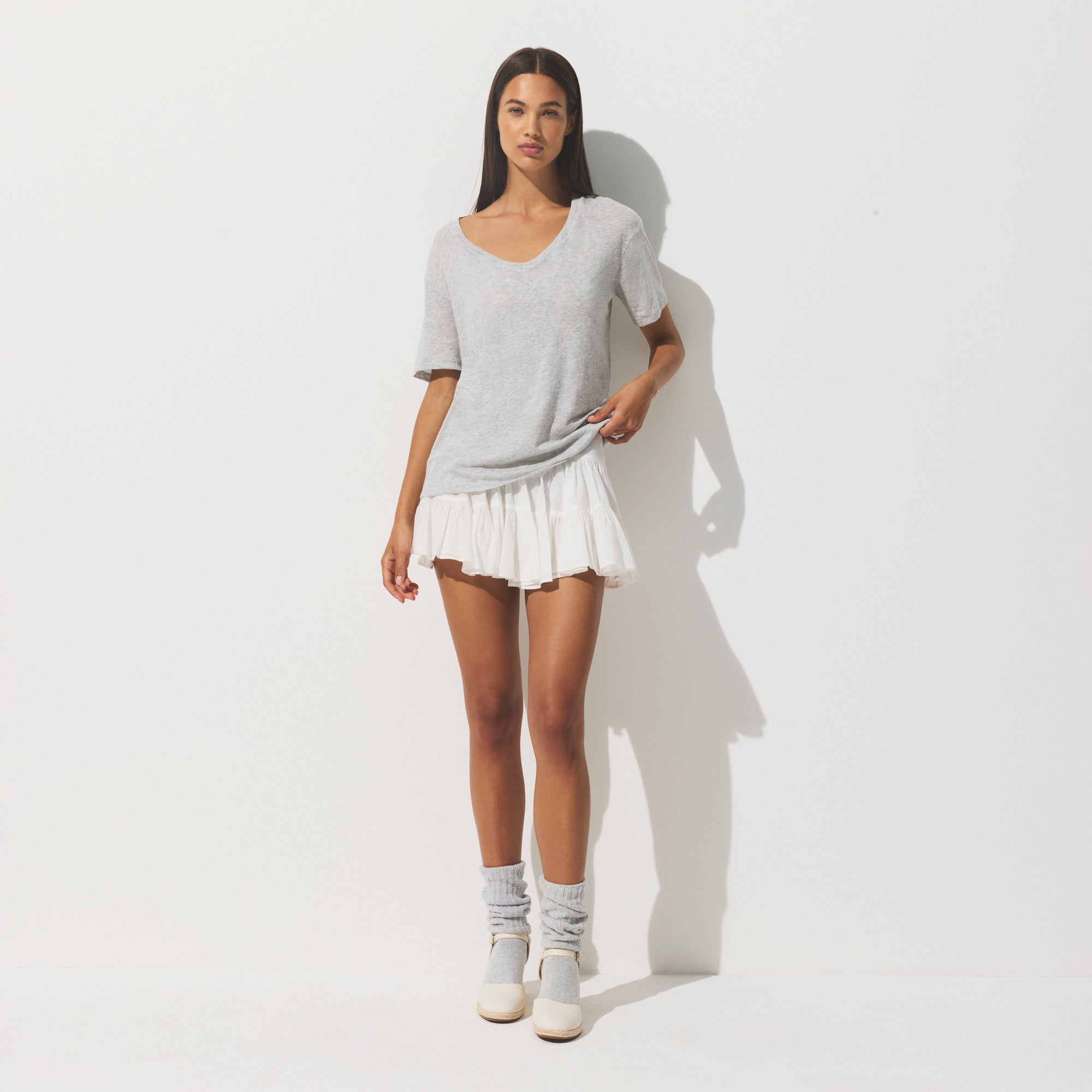 SHEER JERSEY V-NECK T-SHIRT | LIGHT HEATHER GREY