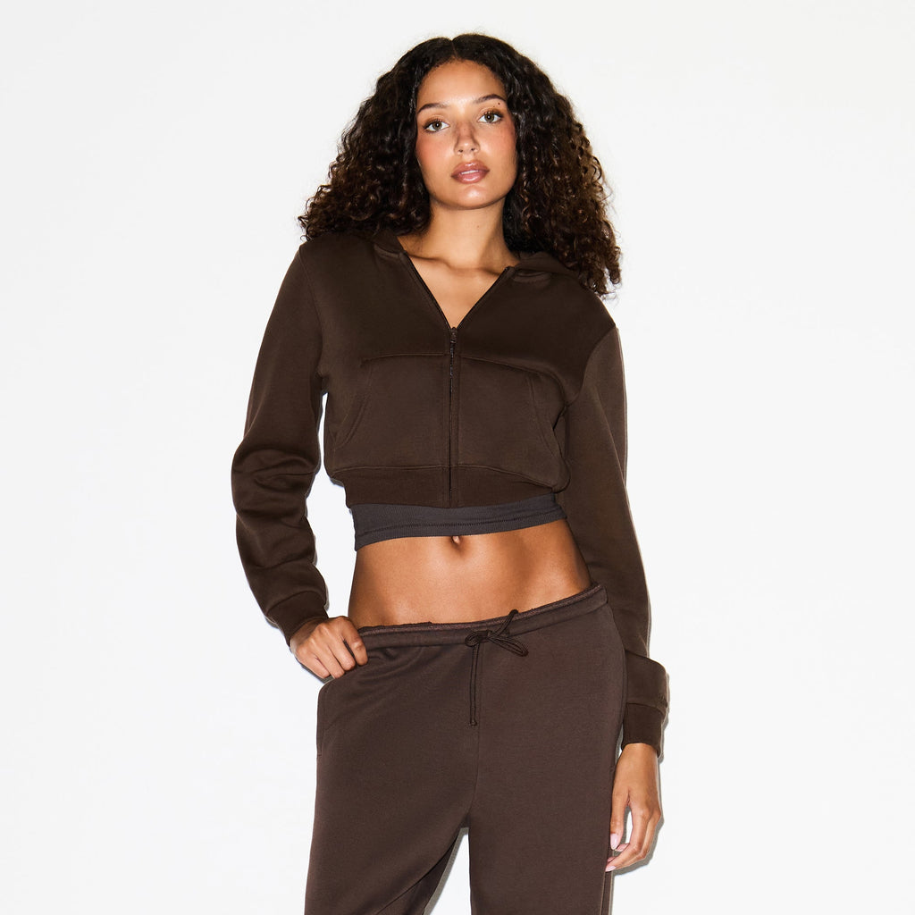 COTTON FLEECE CROPPED ZIP UP HOODIE | DARK SEPIA