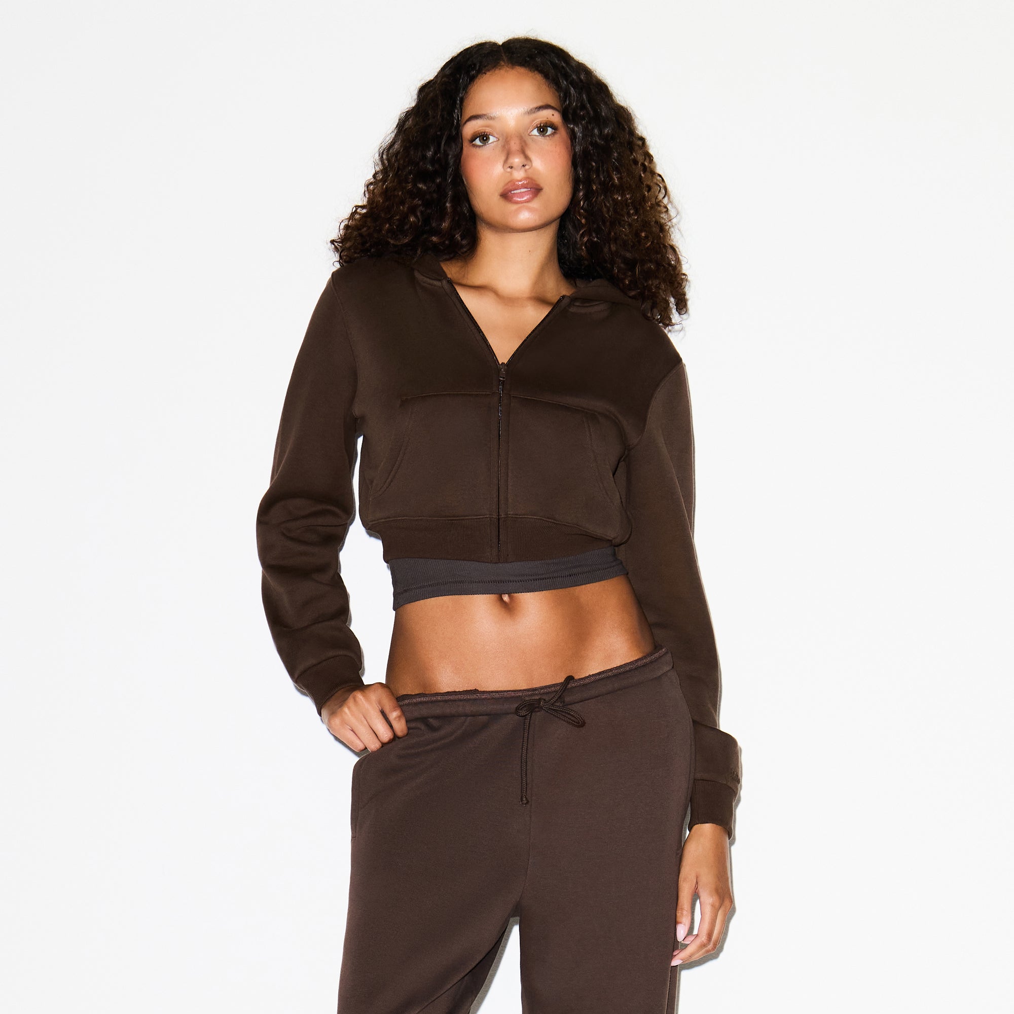 COTTON FLEECE CROPPED ZIP UP HOODIE | DARK SEPIA
