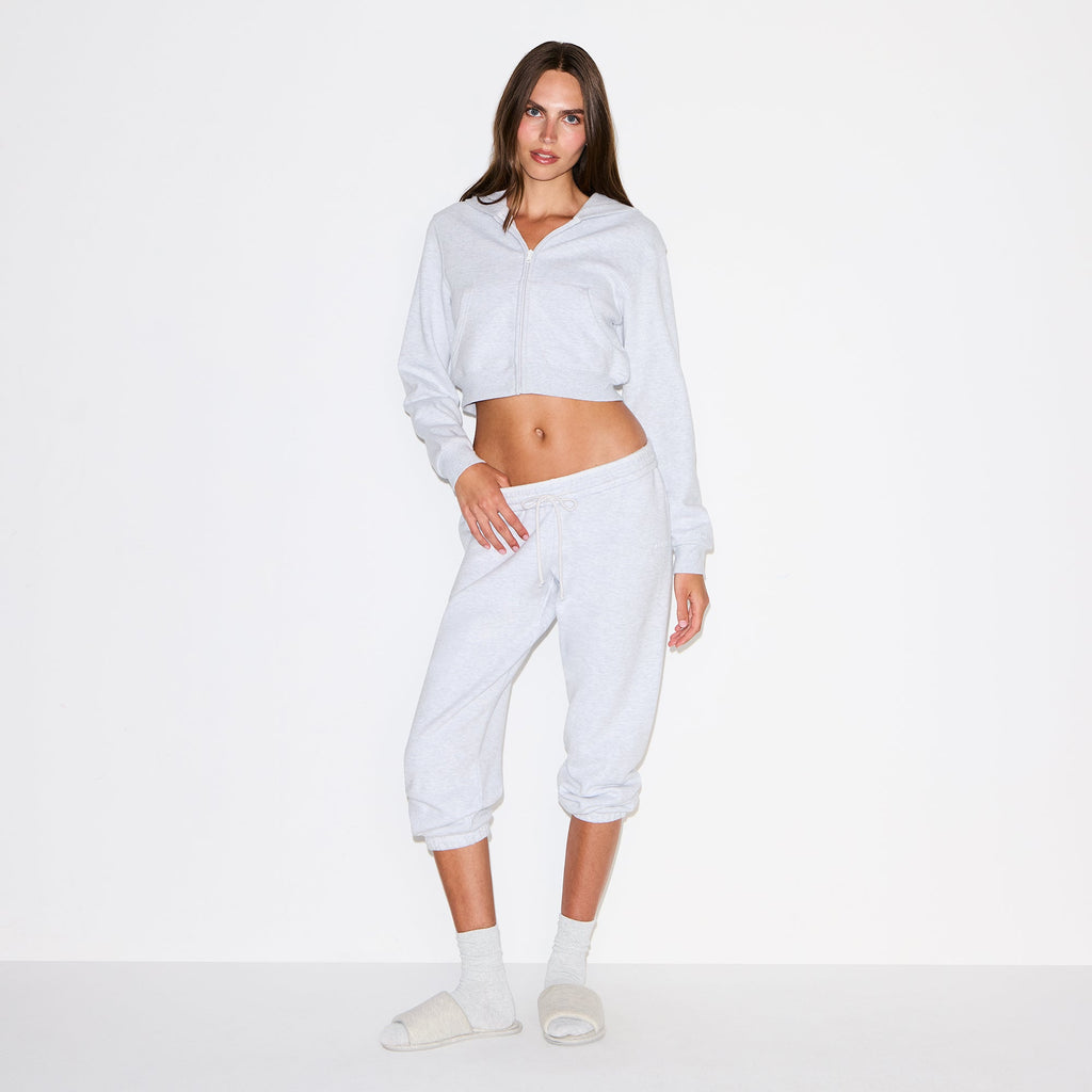 COTTON FLEECE CROPPED ZIP UP HOODIE | LIGHT HEATHER GREY