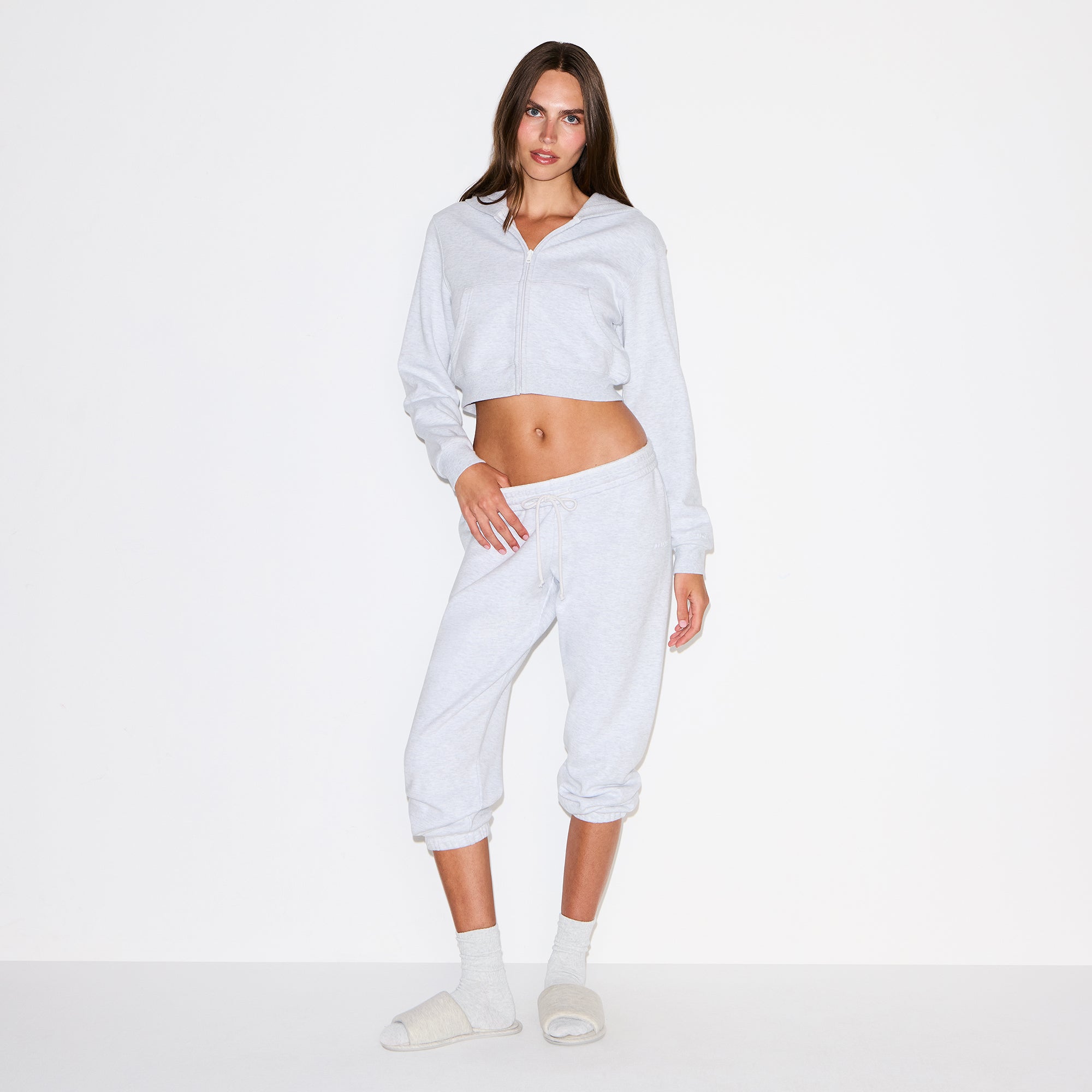 COTTON FLEECE CROPPED ZIP UP HOODIE | LIGHT HEATHER GREY