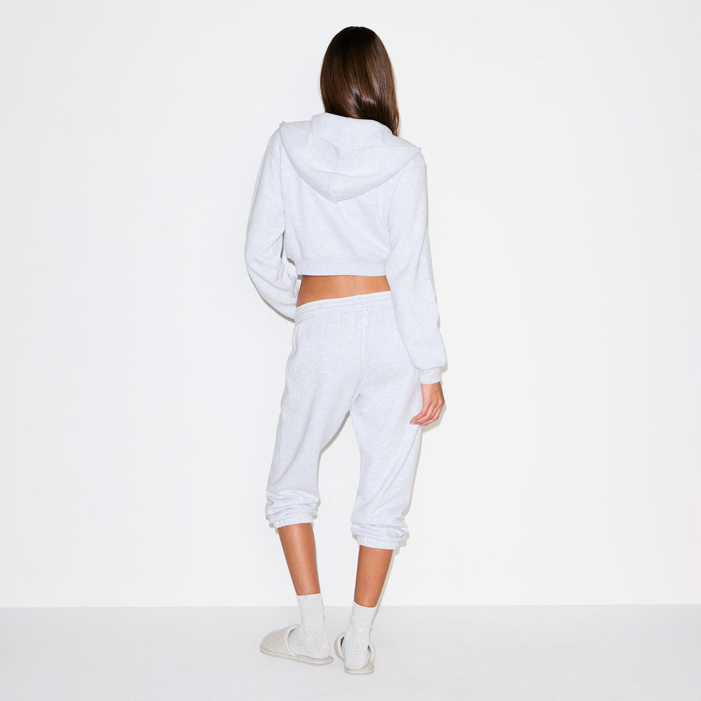 COTTON FLEECE CROPPED ZIP UP HOODIE | LIGHT HEATHER GREY