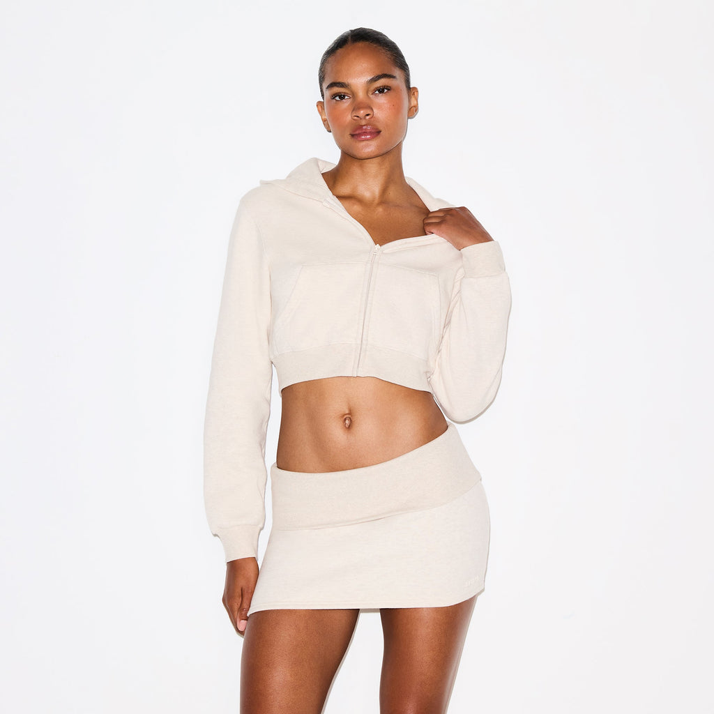 COTTON FLEECE CROPPED ZIP UP HOODIE | OATMEAL HEATHER