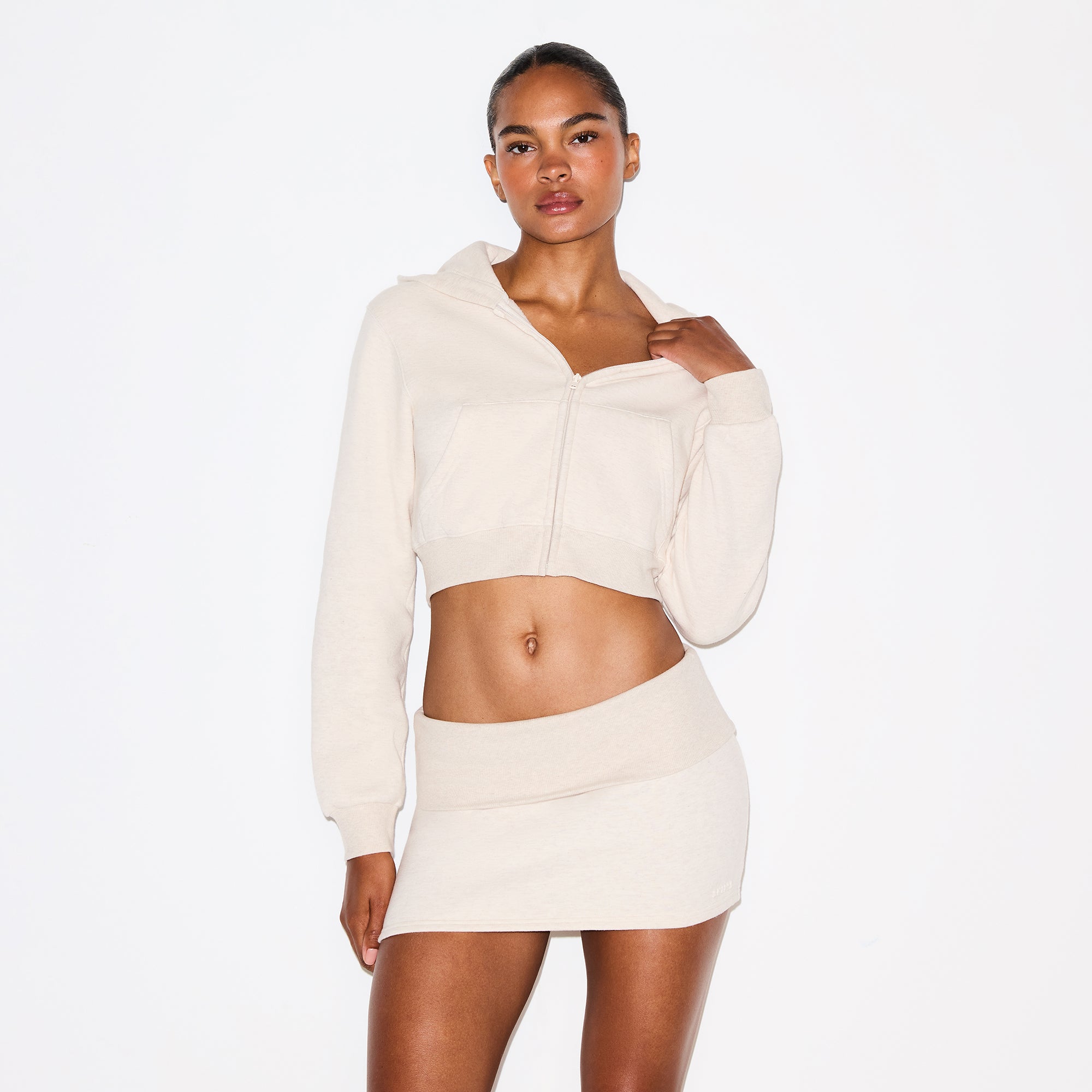 COTTON FLEECE CROPPED ZIP UP HOODIE | OATMEAL HEATHER