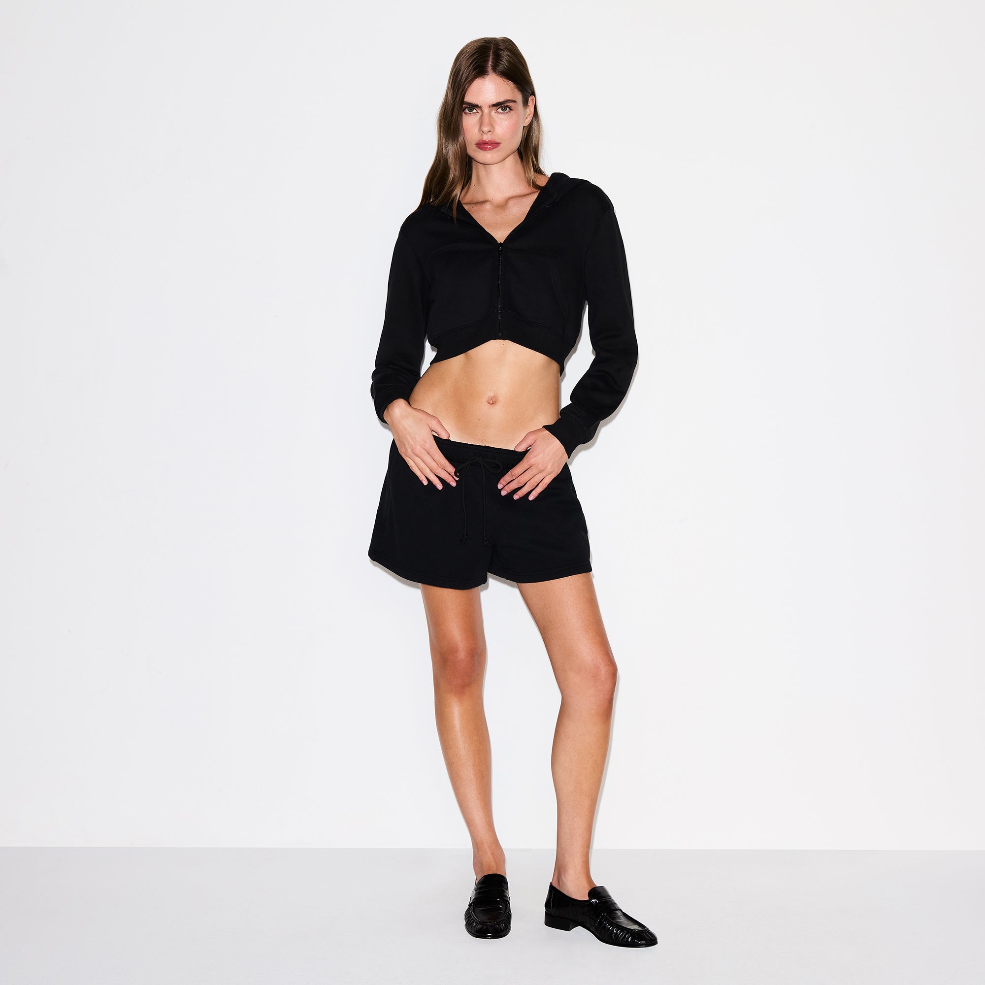 COTTON FLEECE CROPPED ZIP UP HOODIE | ONYX