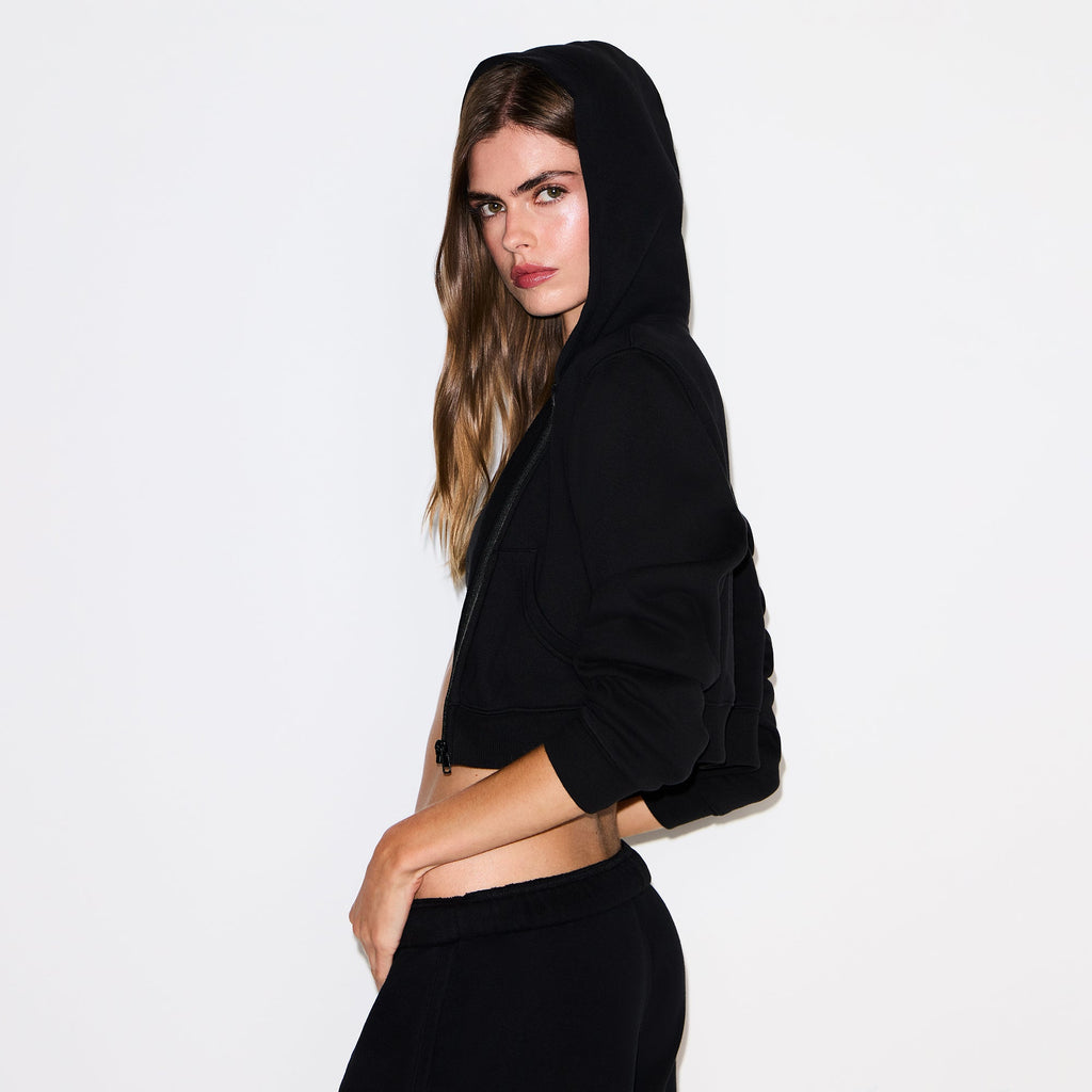 COTTON FLEECE CROPPED ZIP UP HOODIE | ONYX