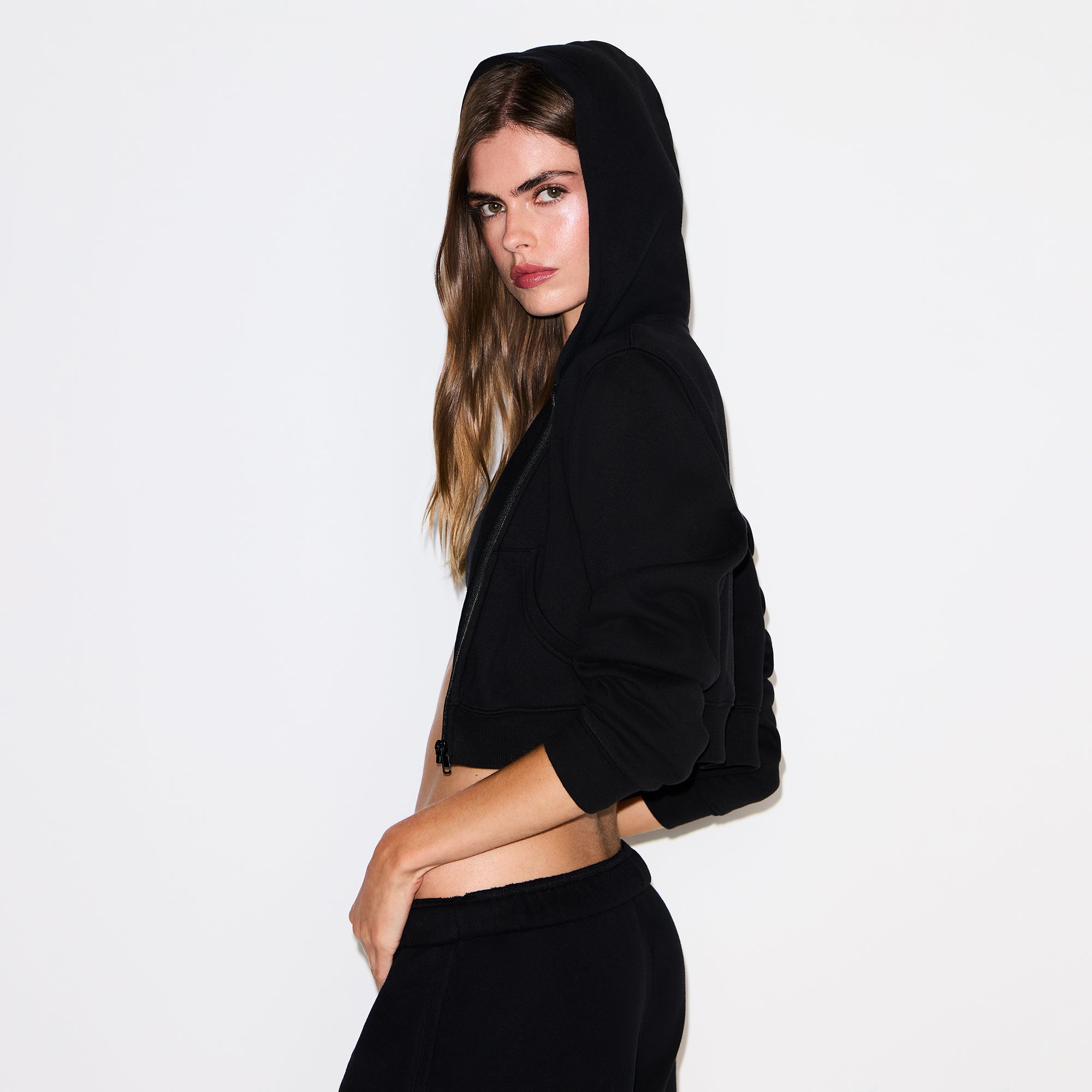 COTTON FLEECE CROPPED ZIP UP HOODIE | ONYX